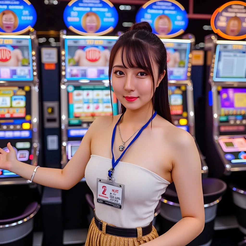 Highest quality, Masterpiece, ultra high definition, (realistic: 1.4), raw image, 1 woman,( she earn big money in Modern Slot Machines )