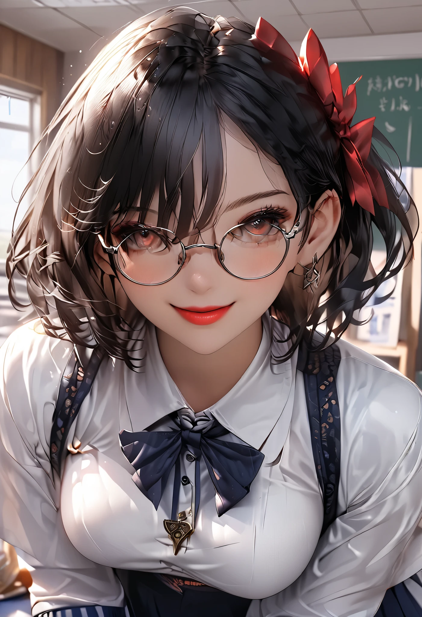 8k,masterpiece, CGSTATION, hyper CGI style, arte extremadamente detallado de artgerm, photorealistic chica anime render, 8k anime drawing style, best quality, 3D rendering, INTRICATE, Cute Girl, hyper detailed, medium bust, 27 years old, a woman, sensual smile, red lips, super detailed skin, super beautiful eyes, Princess Snow White, snowwhiite, black hair, short hair, is standing in front of the viewer, brown eyes,front,perfect nose, she is a teacher, setting: classroom, Around her there are accessories that a teacher uses, she wears glasses, She is wearing a short pink blazer, she is wearing a white A-line skirt, black footwear pump, book under the arm, She is an teacher giving classes, She wears a large bright red bow that adorns her short black hair,
