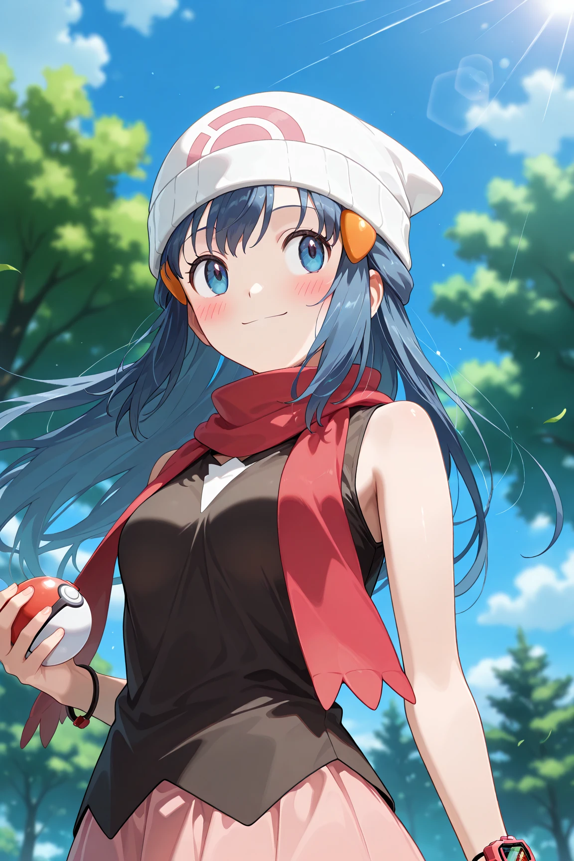 score_9, score_8_up, score_7_up, score_6_up, score_5_up, score_4_up, source_anime, aadawn, long hair, blue hair, beanie, white headwear, hair ornament, blue eyes, breasts, red scarf, sleeveless shirt, black shirt, wristwatch, bracelet, pink skirt, standing, outdoors, filed, flower, tree, holding poke ball, smile,

(realistic skin0.8),
Shiny, skin,

(blush:1.4), smile,
cinematic, dramatic, (blurry background:1.4), depth of field, 
1girl, solo, joyful, smile, dynamic pose, dynamic angle, from below, 
outdoors, nature,
(portrait:1.3),
(focus on face:1.2),
closed-up shot,
sunny,
blue sky,
cloud,
sunlight,
wind,
looking away,