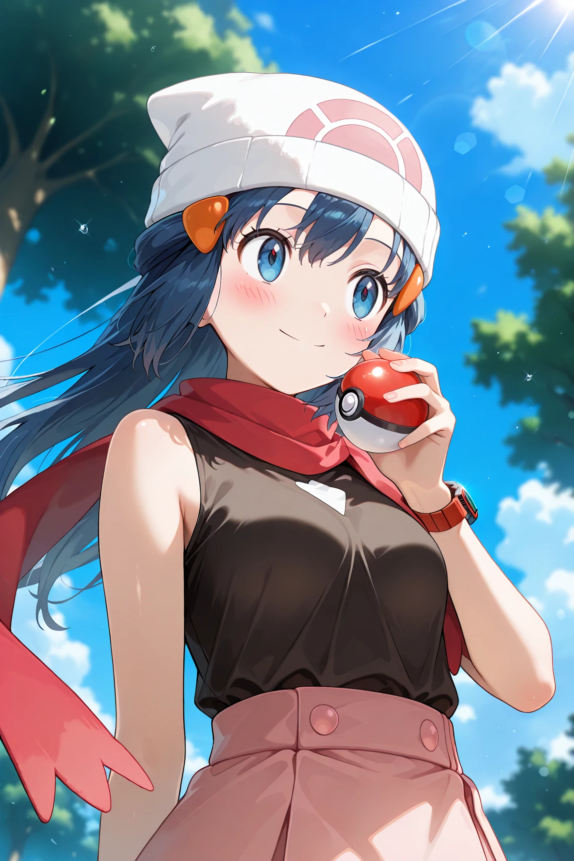 score_9, score_8_up, score_7_up, score_6_up, score_5_up, score_4_up, source_anime, aadawn, long hair, blue hair, beanie, white headwear, hair ornament, blue eyes, breasts, red scarf, sleeveless shirt, black shirt, wristwatch, bracelet, pink skirt, standing, outdoors, filed, flower, tree, holding poke ball, smile,

(realistic skin0.8),
Shiny, skin,

(blush:1.4), smile,
cinematic, dramatic, (blurry background:1.4), depth of field, 
1girl, solo, joyful, smile, dynamic pose, dynamic angle, from below, 
outdoors, nature,
(portrait:1.3),
(focus on face:1.2),
closed-up shot,
sunny,
blue sky,
cloud,
sunlight,
wind,
looking away,