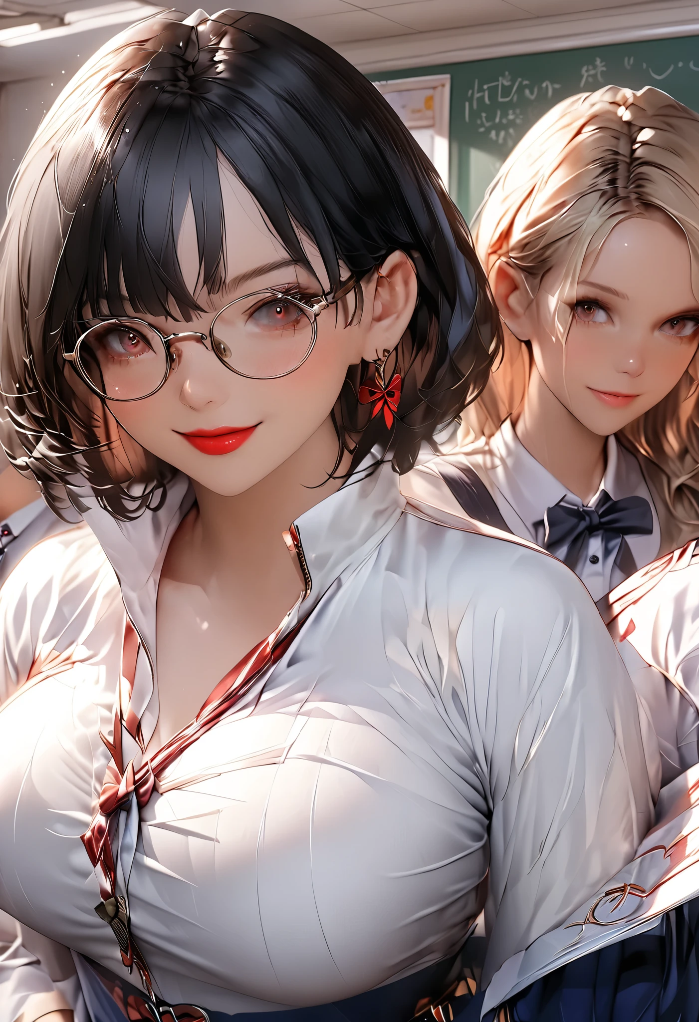 8k,masterpiece, CGSTATION, hyper CGI style, arte extremadamente detallado de artgerm, photorealistic chica anime render, 8k anime drawing style, best quality, 3D rendering, INTRICATE, Cute Girl, hyper detailed, medium bust, 27 years old, a woman, sensual smile, red lips, super detailed skin, super beautiful eyes, Princess Snow White, snowwhiite, black hair, short hair, is standing in front of the viewer, brown eyes,front,perfect nose, she is a teacher, setting: classroom, Around her there are accessories that a teacher uses, she wears glasses, She is wearing a short pink blazer, she is wearing a white A-line skirt, black footwear pump, book under the arm, She is an teacher giving classes, She wears a large bright red bow that adorns her short black hair,