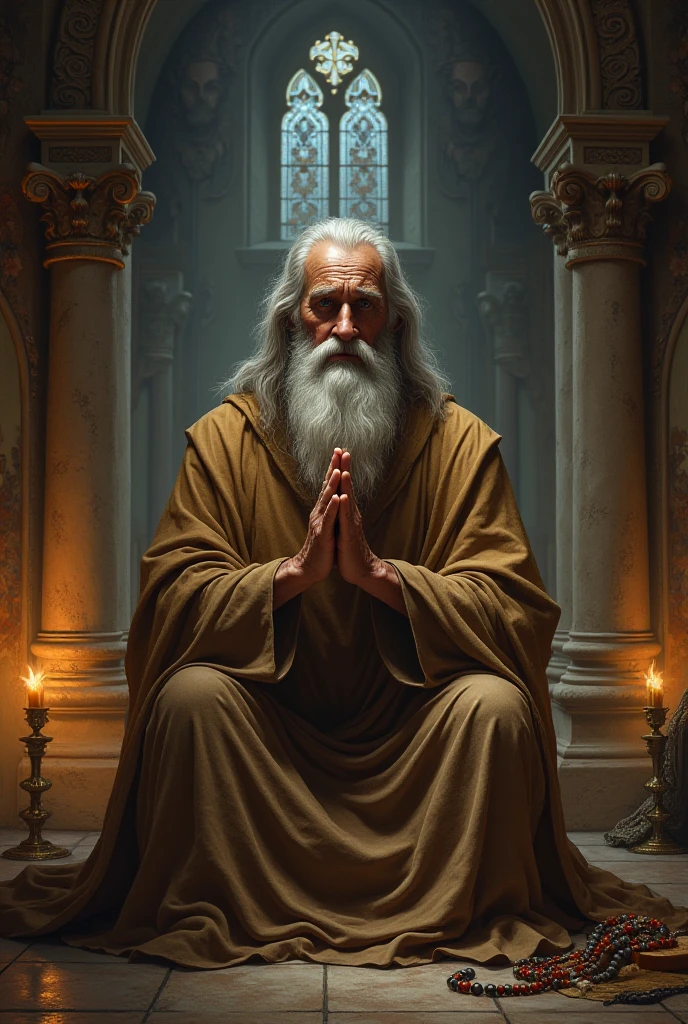 a rustic altar made of stacked stones, erected in a desolate and barren place. The altar occupies the center of the scene, representing the sacred place where the sacrifice is about to take place. The altar stones are irregular and weathered, evoking a sense of antiquity and sacredness.
Beside the altar stands an old man with a long beard and gray hair, dressed in tunics that flow in the wind. His posture is solemn and reverent, demonstrating his spiritual dedication. The elder is identified as Abraham, the biblical patriarch, and holds a sharp knife in his hands, ready to perform the act of sacrifice. .(cinematic) (super realistic) (in 4k )