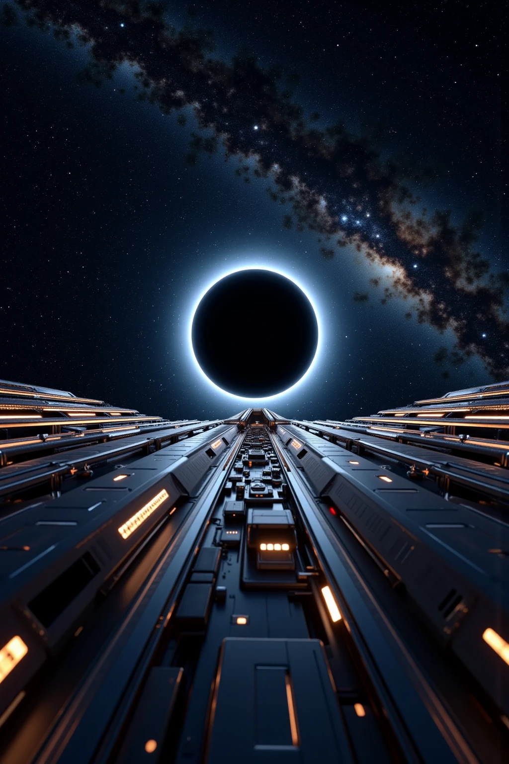 A futuristic cylindrical space colony floating in the vastness of space, with a large black hole in the background surrounded by twinkling stars. The design should reflect advanced technology, showcasing sleek lines and glowing elements that emphasize its futuristic nature. 