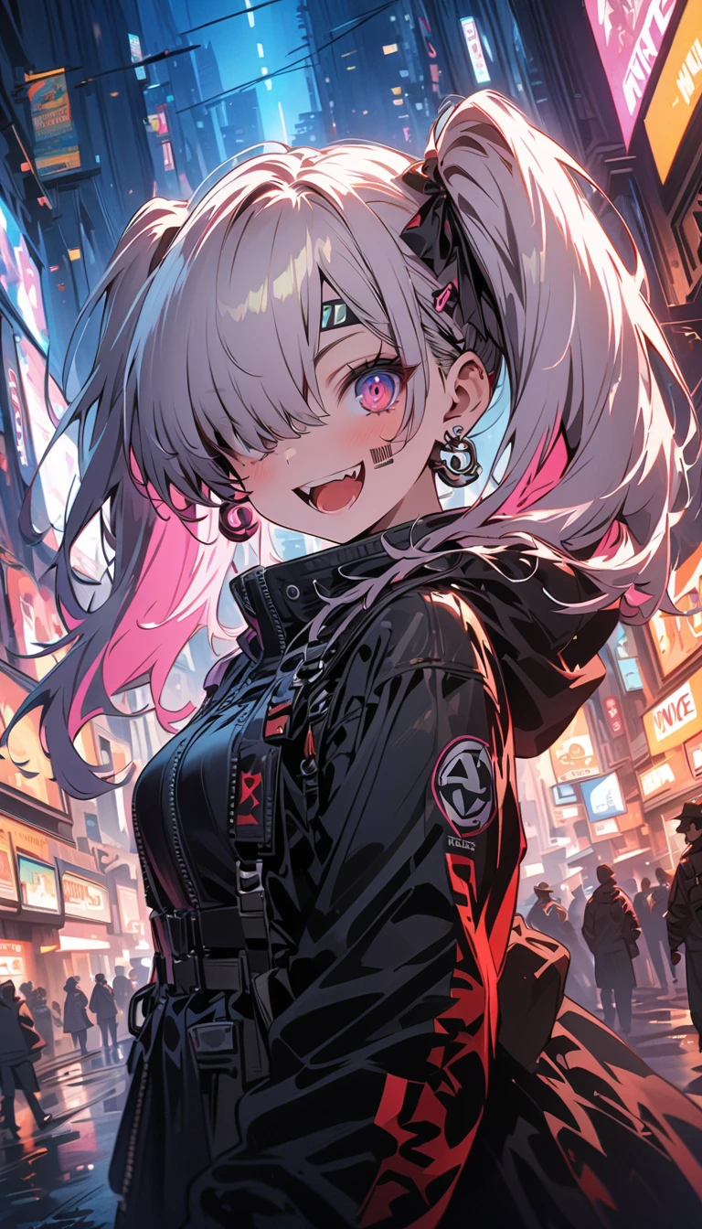 An anime illustration of a cyberpunk girl, looking at viewer, cowboy shot, confident cyberpunk girl with sassy expression, ((Harajuku-inspired pop outfit)), bold colors and patterns, eye-catching accessories, trendy and innovative hairstyle, vibrant makeup, (dynamic pose), futuristic and orderly dazzling Cyberpunk cityscape, skyscrapers, neon signs, glowing LED lights, bright and vivid color scheme, anime, illustration, beautiful detailed face, intricate details, ultra detailed.