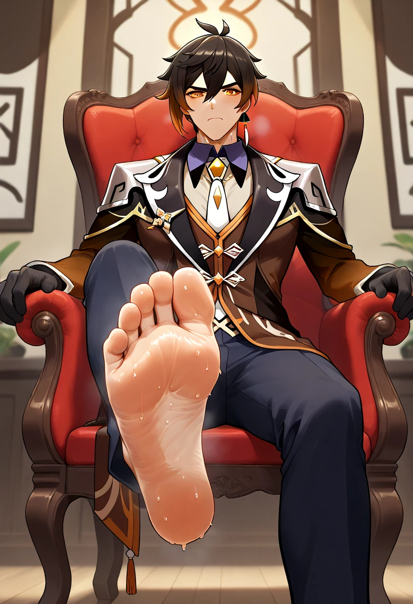 The boy sat in a chair,Showing his beautiful soles with his socks half removed,The person next to him held his feet,Can't wait to hear,The boy blushed and was a little shy