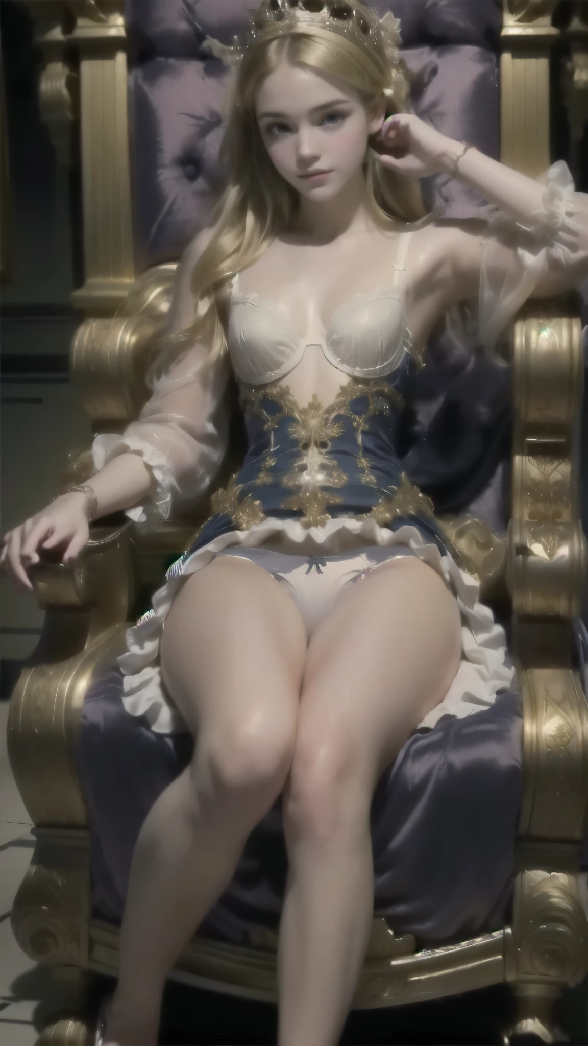 masutepiece、  Ultra-high image quality  、super different 、32 million、Perfect anatomy、  very high saturation  、fantastic、(  I can see panties  :1.9)、( 's:1.5)、  comfortable luxury chair  、   sitting on a chair   、(  Open both thighs  :1.6)、(open thigh:1.5)、(realistic:1.1)、One pricesa、 ((  yellow hair )), (:1.6), beautiful, princess、innocent, , (rococo dress:1.6)、straight hair、(  straight fringes  :1,8)、inside the palace、in the throne room、(Earth)、、(long skirt:1.3)、、  Sit with your knees open  、(Perna fine )、  ultra definition panties  、thighs open、,Lean body、 fine winding、thin pelvis、([thin legs:1.7)、(  The body facing forward  :1.6)、    KNEES FACING FORWARD    、pov Underneath、(  dark eyebrows  :1.2)、  Keep your mouth shut  、  Sit deep in a chair  、、(  lounge imposing  々and attitude  )、(look of contempt:1.3)、(Princess Style:1.6)、 breast up 、Princess Style、Underneath、  Direct front view   、(  place both hands on the armrests:1.9)、(condescending look:1.4)、(  a cold expression  :1.3)、(ﾚｰｽﾊﾟﾝﾃｨｰ:1.7)、(   transparent panties  :1.6)、(Whiteﾊﾟﾝﾃｨｰ:1.8)、(ｷｬﾒﾙﾄｰwarm up:1.6), body proportions, (Chapped lips:1.4), (blush de nariz:1.2), shortening, black cuts, (eye contact),   spectral colors , ultra  High resolution ,  High resolution , detailed, Clean face,  ( sexy face :1.5), (big purple eyes:1.2), ( ultra detailed eyes:1.4), (  High-resolution eyes  :1.1), ( ultra detailed skin texture :1.4), Persephone, Persephone, Persephone, (sfw:1.5),  ( full body :1.8), ( upper body :0.3), (hyper realistic:1.4), (realistic:1.3), ( best quality real skin texture ), olhos detaileds, detailed face,   camel toe  , hermione_Granger_Emma_Watson-4400, emwat
