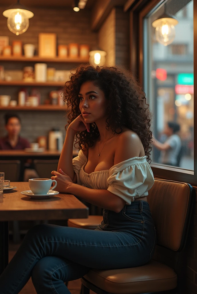 Matte skin woman with curly mexican type hair in a café clear eyes looking at the lens holding her cup of coffee