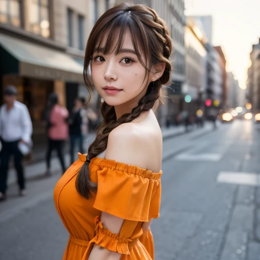 a woman posing on the street corner with orange dress on,  top quality, 1peopleの女の子,  big boobs, day,  bright ,  blur background, Bokeh,  outdoor, (street:0.8), (people々, crowd:0.8), ( Off Shoulder Dress:1.2), nice, ( Braid Bangs :1.2),   beautiful detailed sky  , ( dynamic pose :1.2),  soft lighting , wind,  Shiny Skin, ( upper body:0.8), (Freckles:0.8), mole under mouth, 