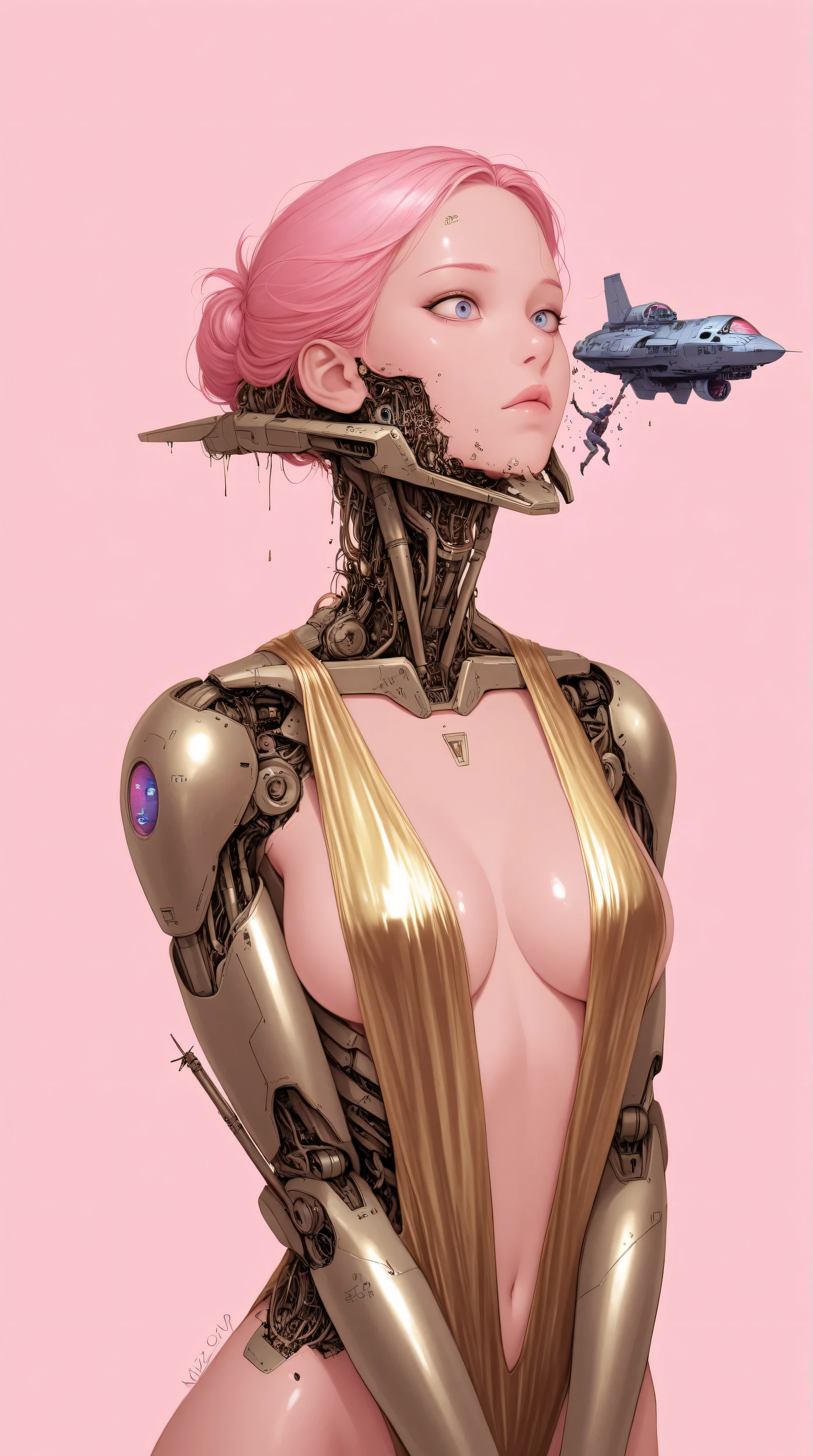 ((best quality)), ((masterpiece)), (detailed), perfect face of cyborg japanese girl, surreal, in the illustrative style of moebius, spaceships, aliens, fantasy, sci-fi, graphic novel, line drawing, french retro, Kizi,Highly detailed, Amazing work,Vitreous luster,((clean backdrop)),In purple,(((reds))),pink color,gold colour, Best quality at best,plunging neckline, shiny akin, miniature,