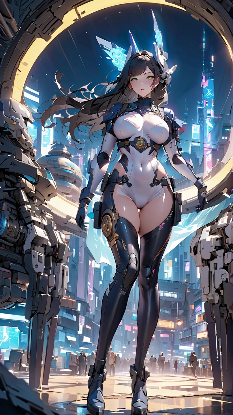 (Very detailed: 1.5) Futuristic mech girl on neon flashing sci-fi magazine cover, (Cyberpunk: 1.3) style, dressed in stylish combat suit with glowing accents, confidently posing as a giant robot in the background, (bold typography: 1.2), dynamic composition, bright colors, (Akira style: 1.1), (Hajime Sorayama inspiration: 1.2) pregnant, pregnant belly