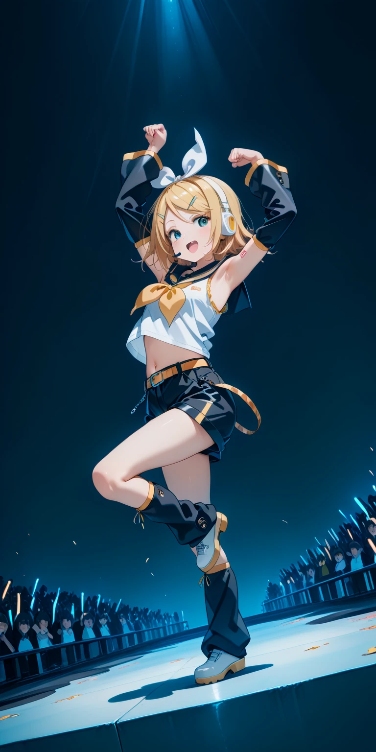 KAGAMINE RIN\(vocaloid\),solo,1female\(cute,kawaii,KAGAMINE RIN\(vocaloid\),light yellow hair, short hair,red tattoo of numbers"02" on shoulder,(big white bow),sleeveless white shirt,detached black arm bell sleeves,(arm sleeves are black bell sleeves:1.2),belt,sailor collar,yellow wide tie,white headphones,black short pants,black knee high leg warmers,yellow key strap at belt,open shoulder,singing and dancing,(very cute pose:1.5),(korean idol pose:1.5),dynamic pose,(very cute big smile),looking away\), BREAK ,background\(live stage,colorful confetti,pastel color spotlights,(many colorful music note signs),many audience waving yellow glow sticks,\), BREAK ,quality\(8k,wallpaper of extremely detailed CG unit, ​masterpiece,hight resolution,top-quality,top-quality real texture skin,hyper realisitic,increase the resolution,RAW photos,best qualtiy,highly detailed,the wallpaper,cinematic lighting,ray trace,golden ratio\),RIN is so so cute,dynamic angle,long shot,wide shot,(aerial view:0.8)