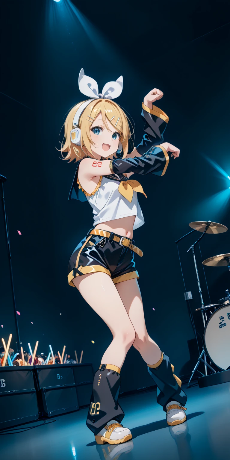 KAGAMINE RIN\(vocaloid\),solo,1female\(cute,kawaii,KAGAMINE RIN\(vocaloid\),light yellow hair, short hair,red tattoo of numbers"02" on shoulder,(big white bow),sleeveless white shirt,detached black arm bell sleeves,(arm sleeves are black bell sleeves:1.2),belt,sailor collar,yellow wide tie,white headphones,black short pants,black knee high leg warmers,yellow key strap at belt,open shoulder,singing and dancing,(very cute pose:1.5),(korean idol pose:1.5),dynamic pose,(very cute big smile),looking away\), BREAK ,background\(live stage,colorful confetti,pastel color spotlights,(many colorful music note signs),many audience waving yellow glow sticks,\), BREAK ,quality\(8k,wallpaper of extremely detailed CG unit, ​masterpiece,hight resolution,top-quality,top-quality real texture skin,hyper realisitic,increase the resolution,RAW photos,best qualtiy,highly detailed,the wallpaper,cinematic lighting,ray trace,golden ratio\),RIN is so so cute,dynamic angle,long shot,wide shot,(aerial view:0.8)