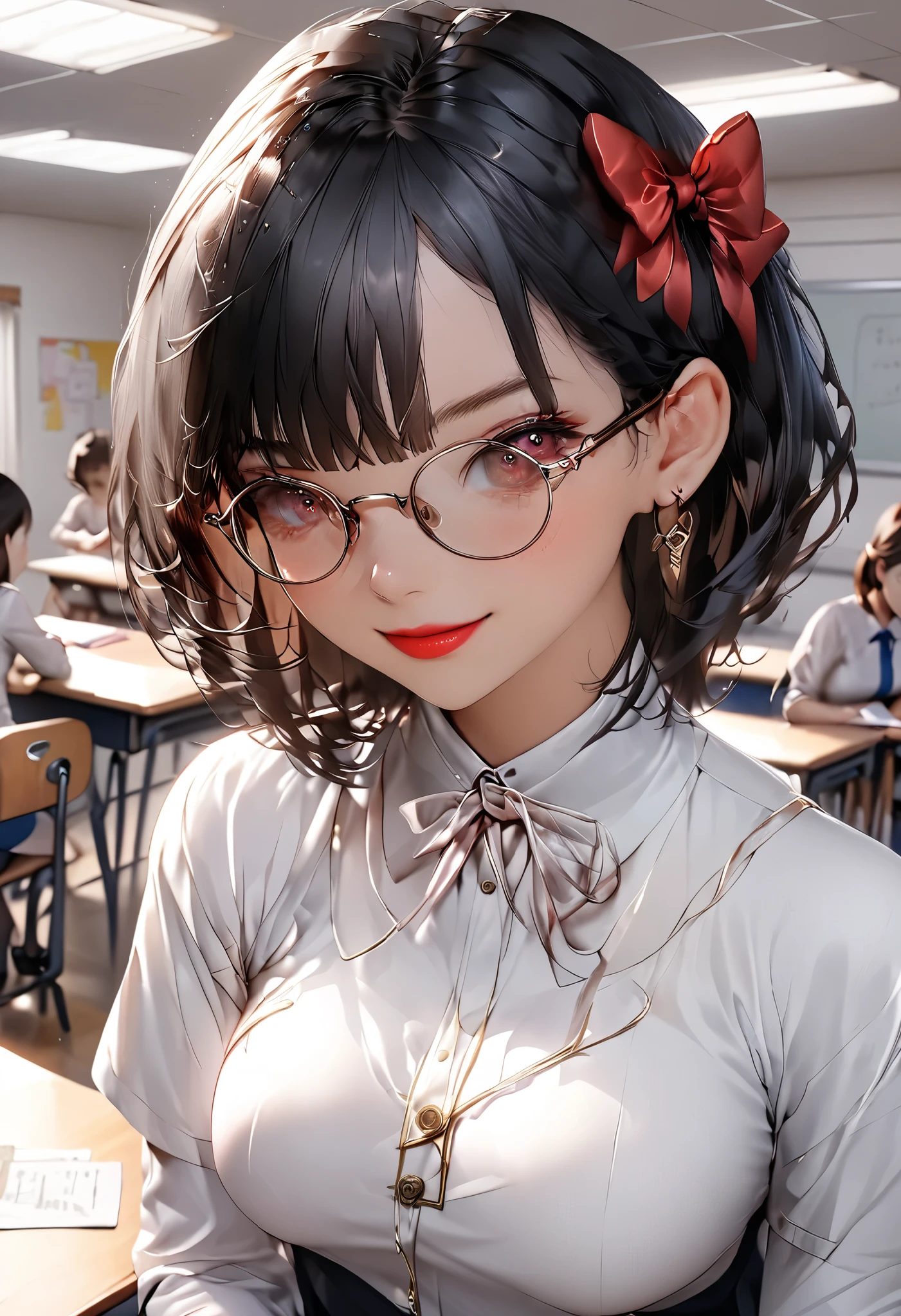 8k,masterpiece, CGSTATION, hyper CGI style, arte extremadamente detallado de artgerm, photorealistic chica anime render, 8k anime drawing style, best quality, 3D rendering, INTRICATE, cute, hyper detailed, medium bust, 27 years old, a woman, sensual smile, red lips, super detailed skin, super beautiful eyes, Princess Snow White, snowwhiite, black hair, short hair, is standing in front of the viewer, brown eyes,front,perfect nose, she is a teacher, setting: classroom, Around her there are accessories that a teacher uses, she wears glasses, She is wearing a short pink blazer, she is wearing a white A-line skirt, black footwear pump, book under the arm, She is an teacher giving classes, She wears a large bright red bow that adorns her short black hair,