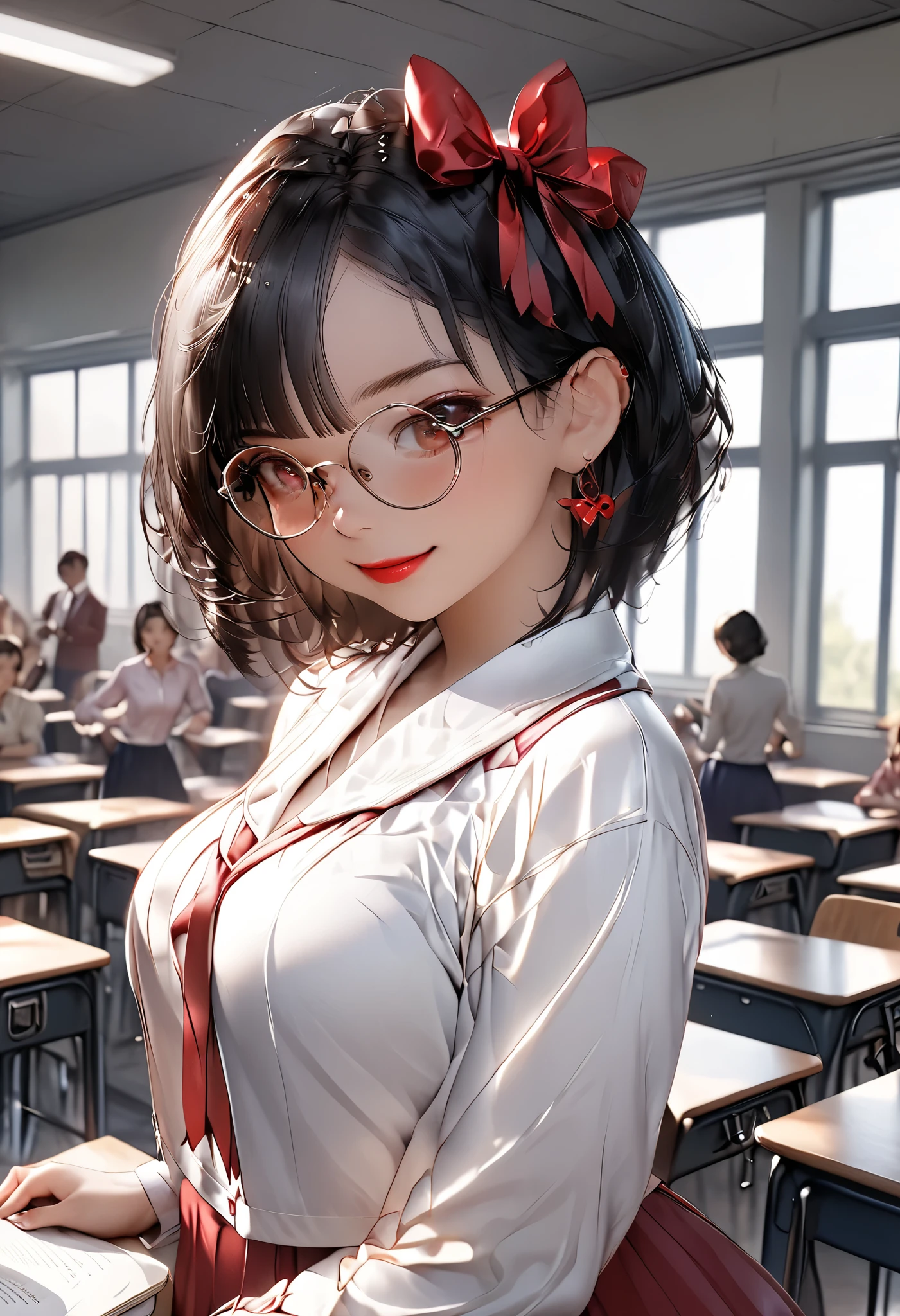 8k,masterpiece, CGSTATION, hyper CGI style, arte extremadamente detallado de artgerm, photorealistic chica anime render, 8k anime drawing style, best quality, 3D rendering, INTRICATE, cute, hyper detailed, medium bust, 27 years old, a woman, sensual smile, red lips, super detailed skin, super beautiful eyes, Princess Snow White, snowwhiite, black hair, short hair, is standing in front of the viewer, brown eyes,front,perfect nose, she is a teacher, setting: classroom, Around her there are accessories that a teacher uses, she wears glasses, She is wearing a short pink blazer, she is wearing a white A-line skirt, black footwear pump, book under the arm, She is an teacher giving classes, She wears a large bright red bow that adorns her short black hair,