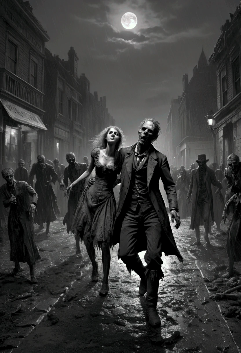 a sexy undead woman wanders in an old abandoned and dilapidated cemetery, in the distance behind her a mysterious ghost with illuminated eyes