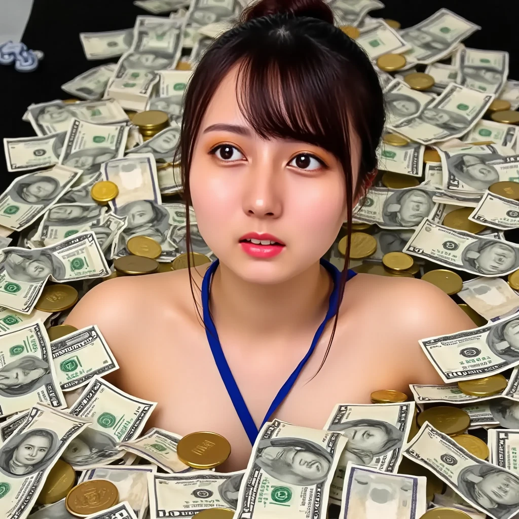 Highest quality, Masterpiece, ultra high definition, (realistic: 1.4), raw image, 1 woman,( she sink in the pool of money), 