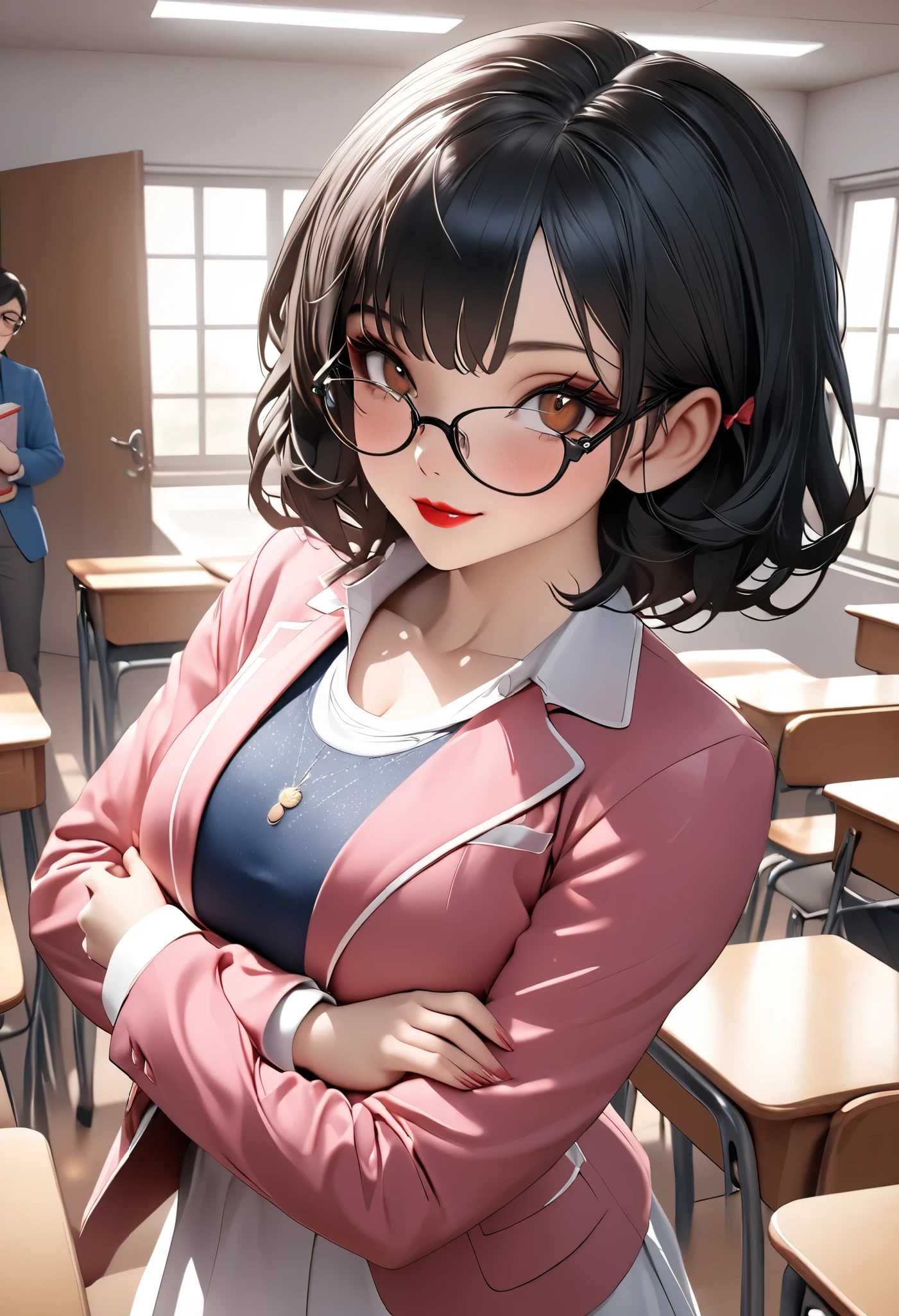 8k,masterpiece, CGSTATION, hyper CGI style, arte extremadamente detallado de artgerm, photorealistic chica anime render, 8k anime drawing style, best quality, 3D rendering, INTRICATE, cute, hyper detailed, medium bust, 27 years old, a woman, sensual smile, red lips, super detailed skin, super beautiful eyes, Princess Snow White, snowwhiite, black hair, short hair, is standing in front of the viewer, brown eyes,front,perfect nose, she is a teacher, setting: classroom, Around her there are accessories that a teacher uses, she wears glasses, She is wearing a short pink blazer, she is wearing a white A-line skirt, black footwear pump, book under the arm, She is an teacher giving classes, She wears a large bright red bow that adorns her short black hair,