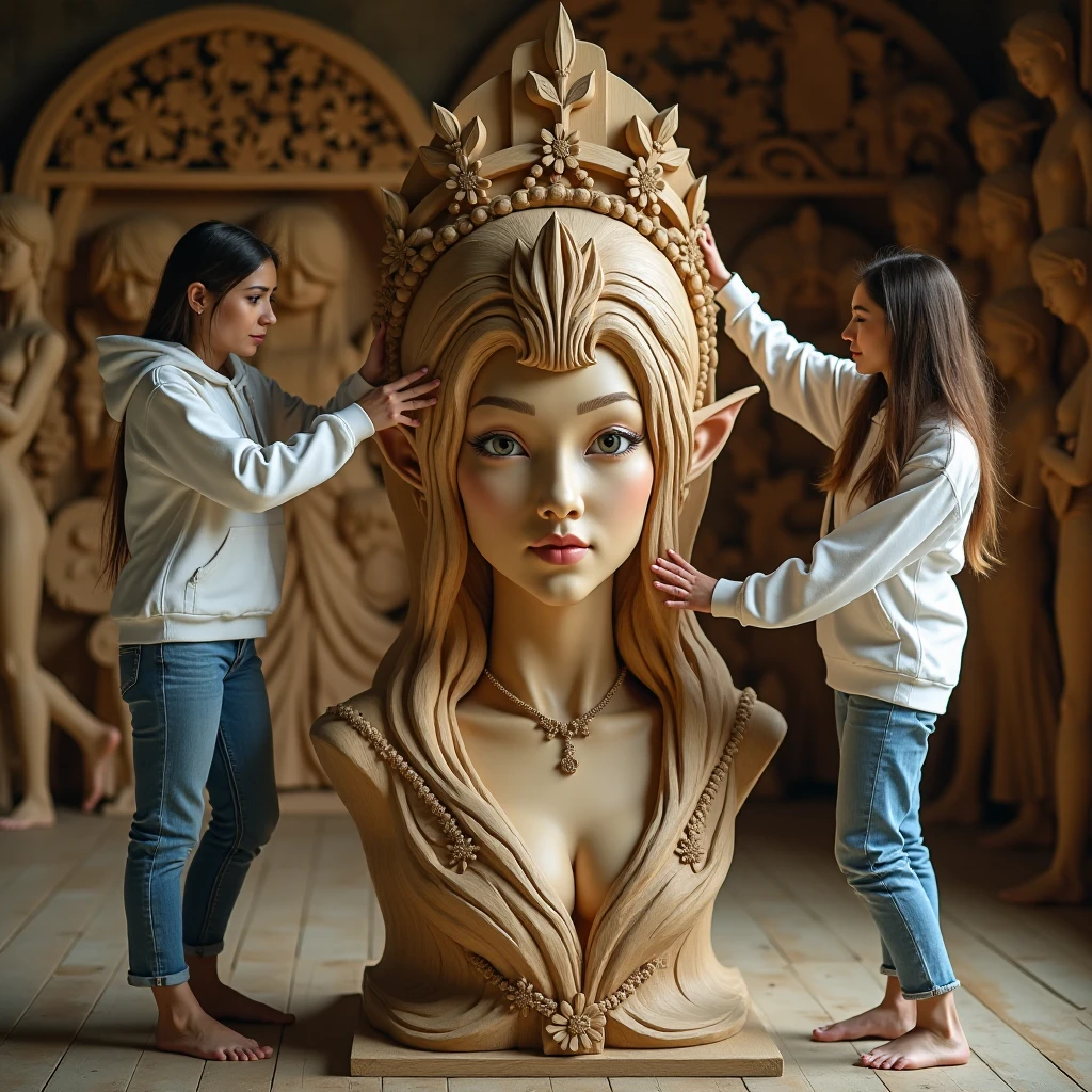 live-action、 real、 charming photography where women remake huge things , intricately carved wooden sculpture delicately depicting a human head、 women wear white hoodies and jeans 。Beautiful Elf Princess Sculpture. tiara 、The eyes , nose, and mouth of the sculpture are detailed and lifelike 、BOTW sculpture , scenes where bare feet touch wooden floors . In the background、 Wide Full of Fascinating Carvings 々 artist's workshop , You can see . The overall structure is、 adding surreal vibes to vivid , Botw inspired aesthetics .