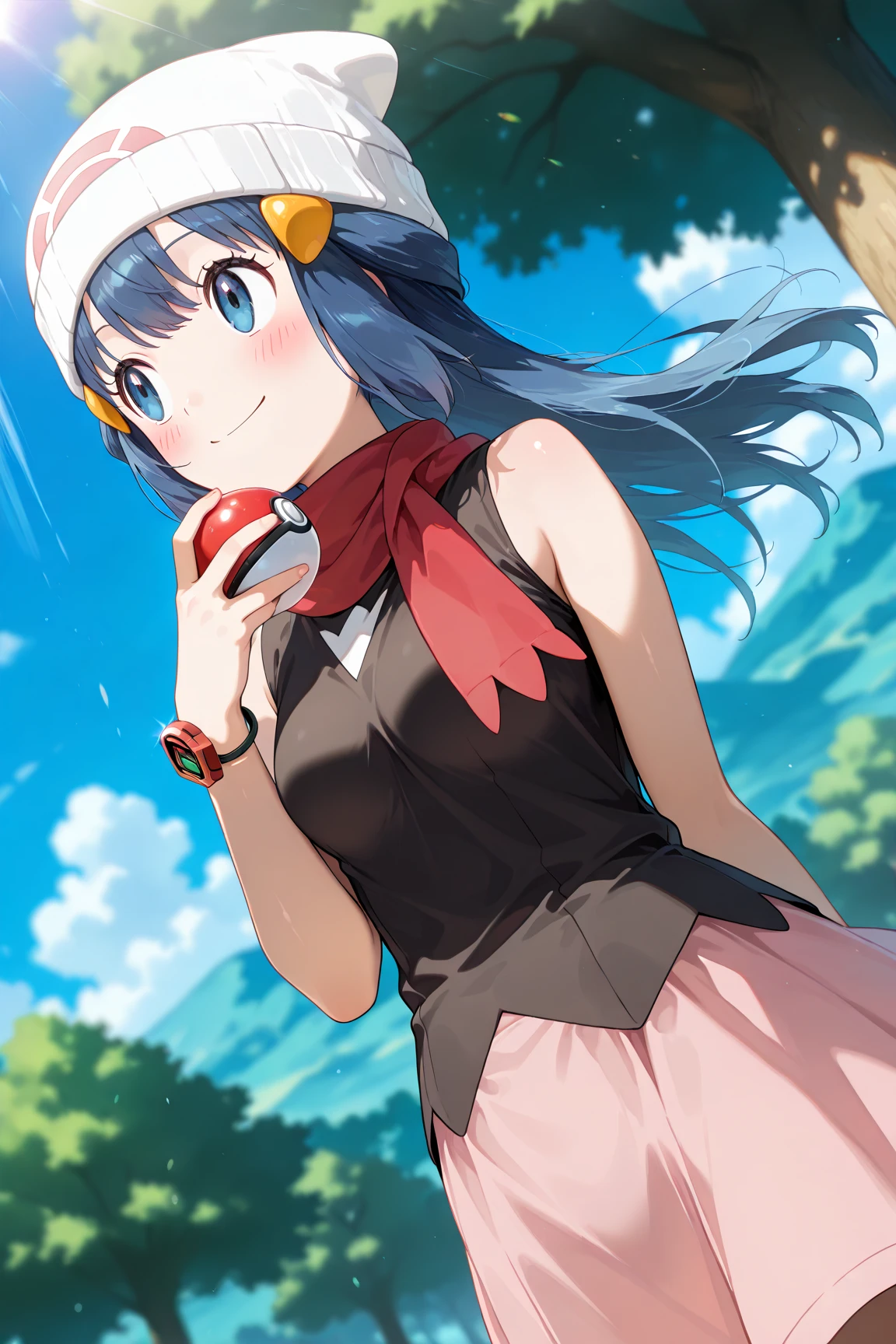 score_9, score_8_up, score_7_up, score_6_up, score_5_up, score_4_up, source_anime, aadawn, long hair, blue hair, beanie, white headwear, hair ornament, blue eyes, breasts, red scarf, sleeveless shirt, black shirt, wristwatch, bracelet, pink skirt, standing, outdoors, filed, flower, tree, holding poke ball, smile,

(realistic skin0.8),
Shiny, skin,

(blush:1.4), smile,
cinematic, dramatic, (blurry background:1.4), depth of field, 
1girl, solo, joyful, smile, dynamic pose, dynamic angle, from below, 
outdoors, nature,
(portrait:1.3),
(focus on face:1.2),
(closed-up shot:1.3),
sunny,
blue sky,
cloud,
sunlight,
wind,
looking away,