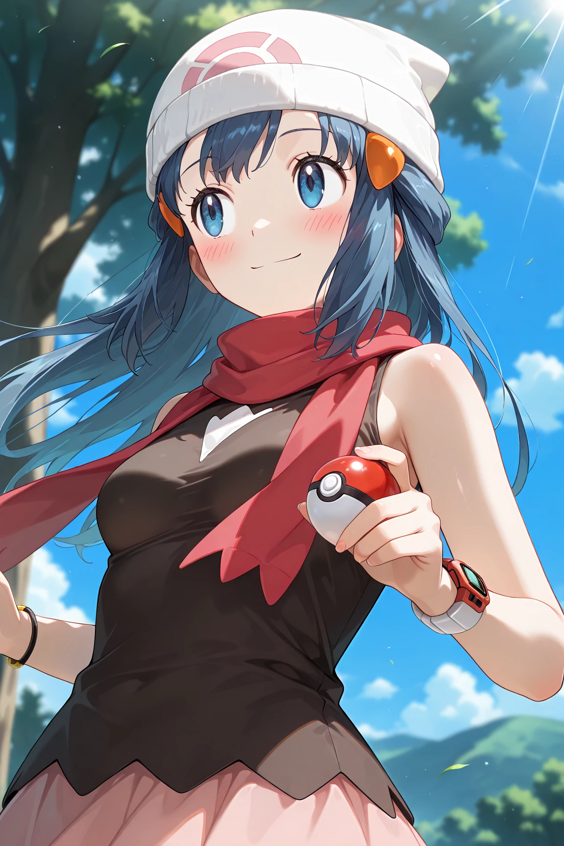 score_9, score_8_up, score_7_up, score_6_up, score_5_up, score_4_up, source_anime, aadawn, long hair, blue hair, beanie, white headwear, hair ornament, blue eyes, breasts, red scarf, sleeveless shirt, black shirt, wristwatch, bracelet, pink skirt, standing, outdoors, filed, flower, tree, holding poke ball, smile,

(realistic skin0.8),
Shiny, skin,

(blush:1.4), smile,
cinematic, dramatic, (blurry background:1.4), depth of field, 
1girl, solo, joyful, smile, dynamic pose, dynamic angle, from below, 
outdoors, nature,
(portrait:1.3),
(focus on face:1.2),
(closed-up shot:1.3),
sunny,
blue sky,
cloud,
sunlight,
wind,
looking away,