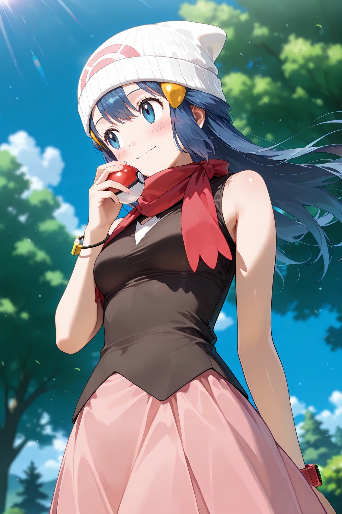 score_9, score_8_up, score_7_up, score_6_up, score_5_up, score_4_up, source_anime, aadawn, long hair, blue hair, beanie, white headwear, hair ornament, blue eyes, breasts, red scarf, sleeveless shirt, black shirt, wristwatch, bracelet, pink skirt, standing, outdoors, filed, flower, tree, holding poke ball, smile,

(realistic skin0.8),
Shiny, skin,

(blush:1.4), smile,
cinematic, dramatic, (blurry background:1.4), depth of field, 
1girl, solo, joyful, smile, dynamic pose, dynamic angle, from below, 
outdoors, nature,
(portrait:1.3),
(focus on face:1.2),
(closed-up shot:1.3),
sunny,
blue sky,
cloud,
sunlight,
wind,
looking away,