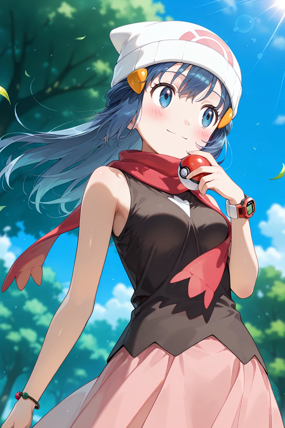 score_9, score_8_up, score_7_up, score_6_up, score_5_up, score_4_up, source_anime, aadawn, long hair, blue hair, beanie, white headwear, hair ornament, blue eyes, breasts, red scarf, sleeveless shirt, black shirt, wristwatch, bracelet, pink skirt, standing, outdoors, filed, flower, tree, holding poke ball, smile,

(realistic skin0.8),
Shiny, skin,

(blush:1.4), smile,
cinematic, dramatic, (blurry background:1.4), depth of field, 
1girl, solo, joyful, smile, dynamic pose, dynamic angle, from below, 
outdoors, nature,
(portrait:1.3),
(focus on face:1.2),
(closed-up shot:1.3),
sunny,
blue sky,
cloud,
sunlight,
wind,
looking away,