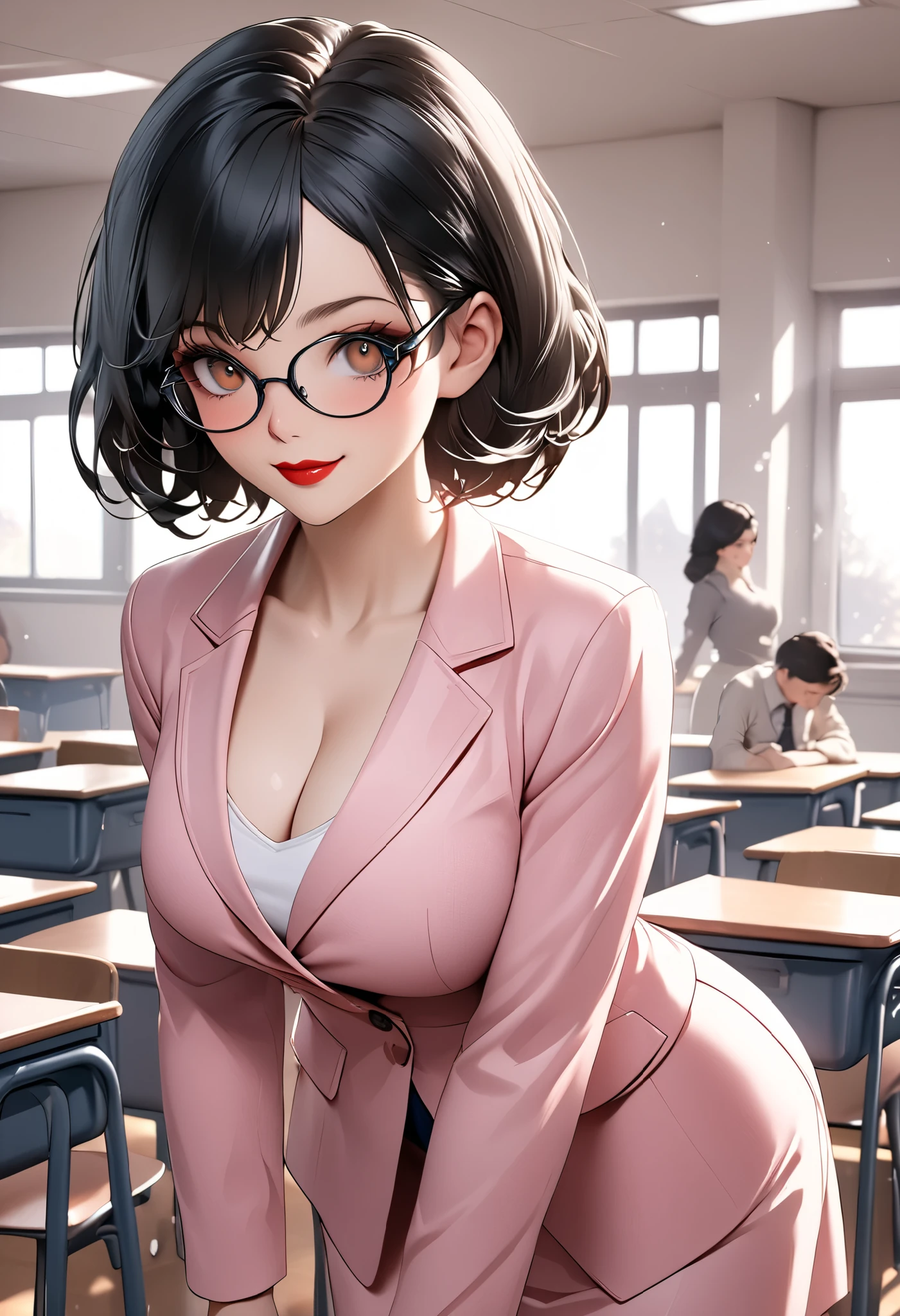 8k,masterpiece, CGSTATION, hyper CGI style, arte extremadamente detallado de artgerm, photorealistic chica anime render, 8k anime drawing style, best quality, 3D rendering, INTRICATE, cute, hyper detailed, medium bust, 27 years old, a woman, sensual smile, red lips, super detailed skin, super beautiful eyes, Princess Snow White, snowwhiite, black hair, short hair, is standing in front of the viewer, brown eyes,front,perfect nose, she is a teacher, setting: classroom, Around her there are accessories that a teacher uses, she wears glasses, She is wearing a short pink blazer, she is wearing a white A-line skirt, black footwear pump, book under the arm, She is an teacher giving classes, She wears a large bright red bow that adorns her short black hair,