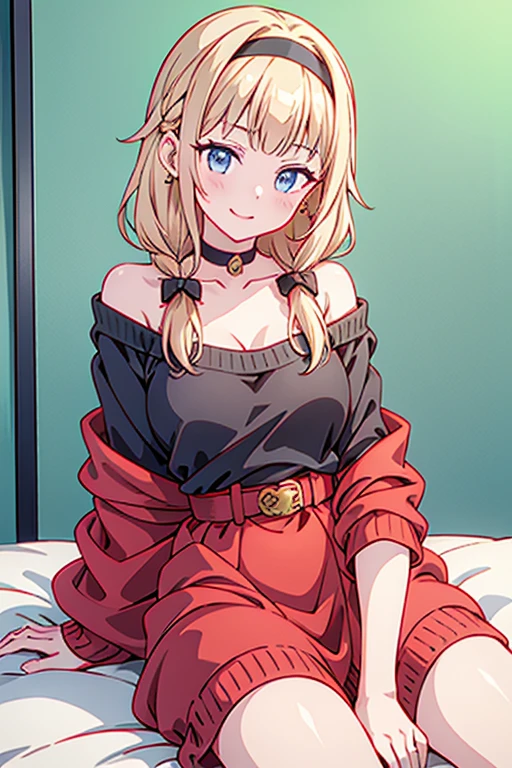 (masterpiece), (best quality), ultra-detailed, very aesthetic, sharp focus, depth of field, vibrant colors, ray tracing, best lighting, detailed illustration, detailed background, cinematic, beautiful face, beautiful eyes, 1girl, lying on bed, medium hair with blonde highlights, blue eyes, sidelocks, hairband, earrings with jewelry, off shoulder sweater dress, arms behind back:0.4, air plant, long hair with long locks, gold hairband, off-shoulder dress, sweater dress, off-shoulder sweater, red sweater, big side hair, very long side hair,(super delicate floral pattern:1.2),seductive cleavage:1.3, black dress with white frills, white apron with black bows, spiked choker, big smile, sitting in a large christmas present box, wrapped in red ribbons, dressed like a christmas present, christmas background, head tilt, arched back, leaning back, from the side, black gloves, belt with red ribbon, white ruffled headband, colored inner hair, multicolored hair, two-tone hair, lamiapgr, turquoise hair, long hair, braided hair