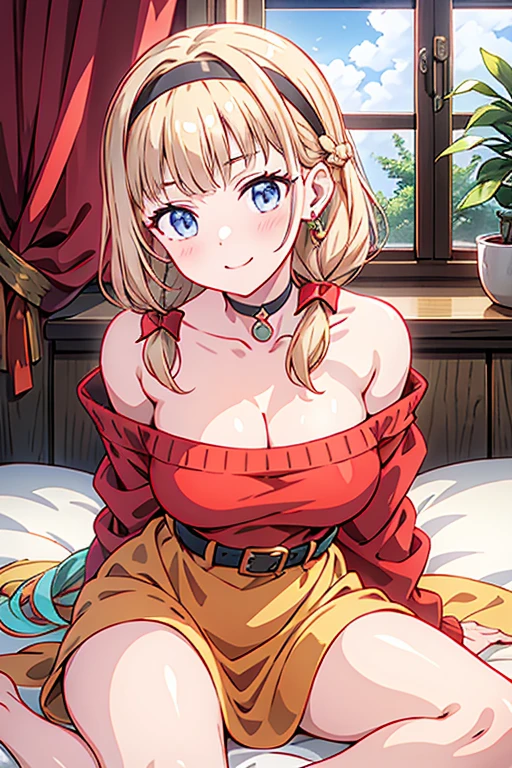 (masterpiece), (best quality), ultra-detailed, very aesthetic, sharp focus, depth of field, vibrant colors, ray tracing, best lighting, detailed illustration, detailed background, cinematic, beautiful face, beautiful eyes, 1girl, lying on bed, medium hair with blonde highlights, blue eyes, sidelocks, hairband, earrings with jewelry, off shoulder sweater dress, arms behind back:0.4, air plant, long hair with long locks, gold hairband, off-shoulder dress, sweater dress, off-shoulder sweater, red sweater, big side hair, very long side hair,(super delicate floral pattern:1.2),seductive cleavage:1.3, black dress with white frills, white apron with black bows, spiked choker, big smile, sitting in a large christmas present box, wrapped in red ribbons, dressed like a christmas present, christmas background, head tilt, arched back, leaning back, from the side, black gloves, belt with red ribbon, white ruffled headband, colored inner hair, multicolored hair, two-tone hair, lamiapgr, turquoise hair, long hair, braided hair