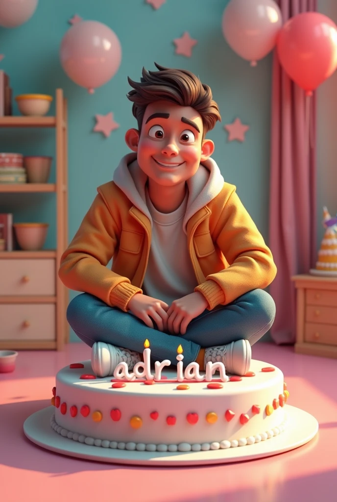 Birthday 🎂 3D AI Image कैसे बनाए...?? 
Image Promp - Like &  Love💕

3D illustration of a man
sitting casually on front of a cake. The character must wear casual moder clothing such as jeans jackets and sneakers shoes. The background of the image is a party theme. Write 'adrian' on the birthday cake. Make sure the text is not misspelled. His age is 1.on january 6 2024

