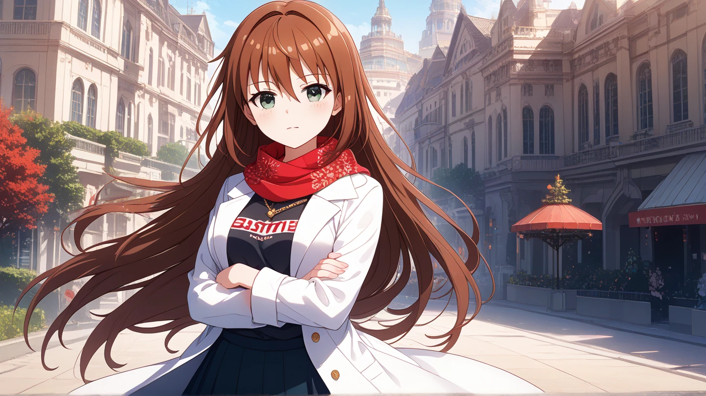 (masterpiece, best quality), highly detailed background, perfect lighting, best quality, batogamisaki, solo, looking at viewer, closed_mouth, brown hair, hair between eyes, straight hair, very long hair, green eyes, red scarf, medium breasts, white coat, open coat, black shirt, t-shirt, print shirt, long sleeves, crossed_arms, white skirt, pleated skirt, standing, outdoors, Los Angeles (city), building,