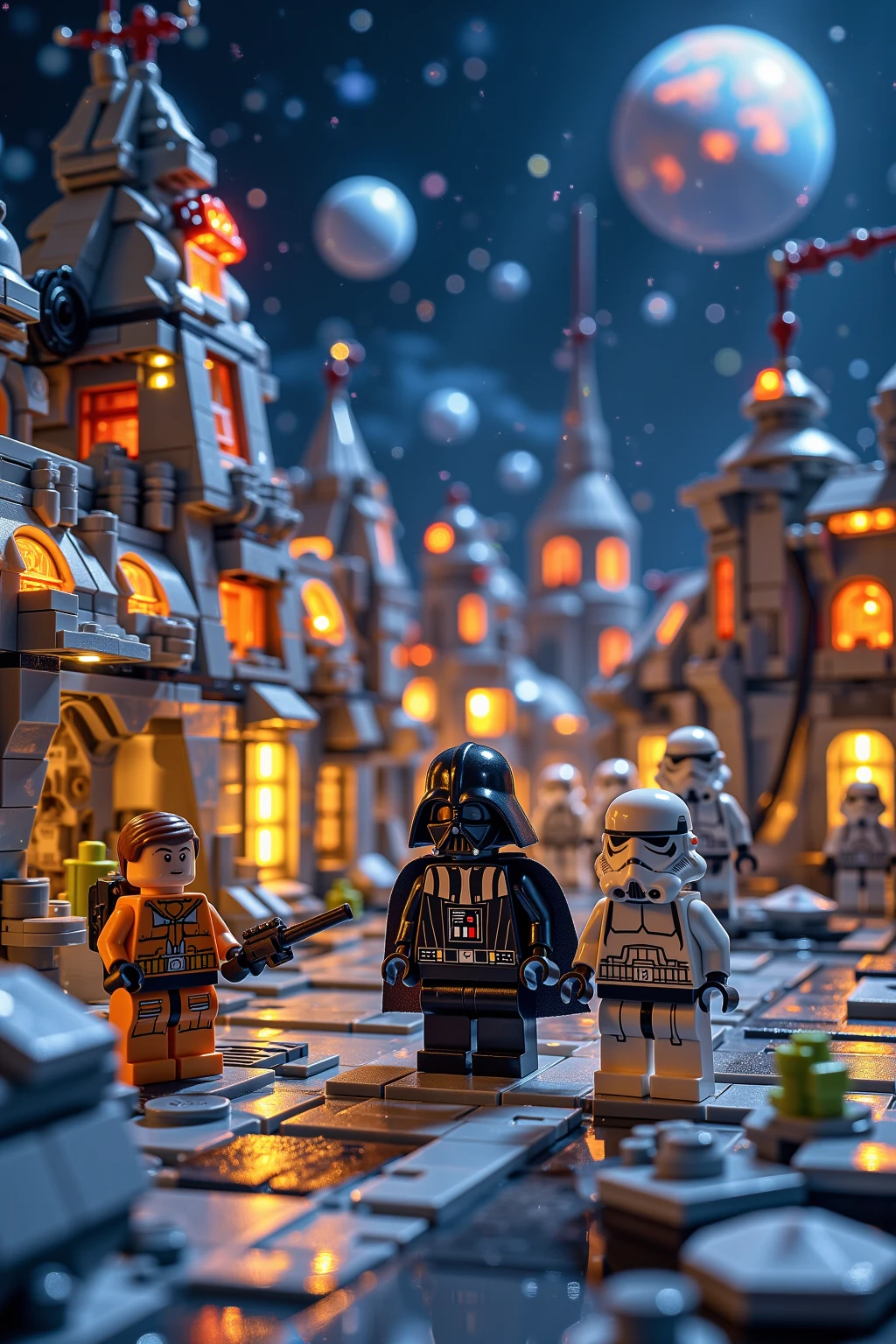 A Lego space colony with intricate details, featuring a pilot in a colorful suit, a menacing Darth Vader standing tall, and several Stormtroopers patrolling the area. The scene is set in a vibrant outer space background with stars and planets visible, showcasing the creativity of Lego design.