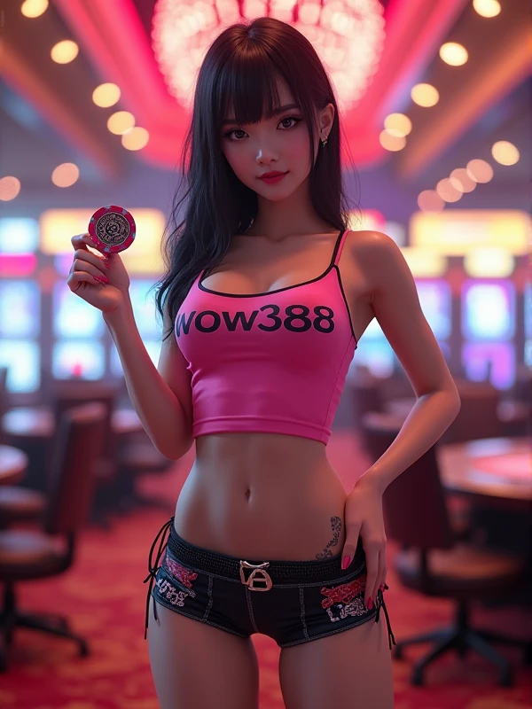 sexy Japanese woman wearing a pink tank top with the words WOW388 and shorts with the writing and a chip coin held using 2 fingers while in the casino room