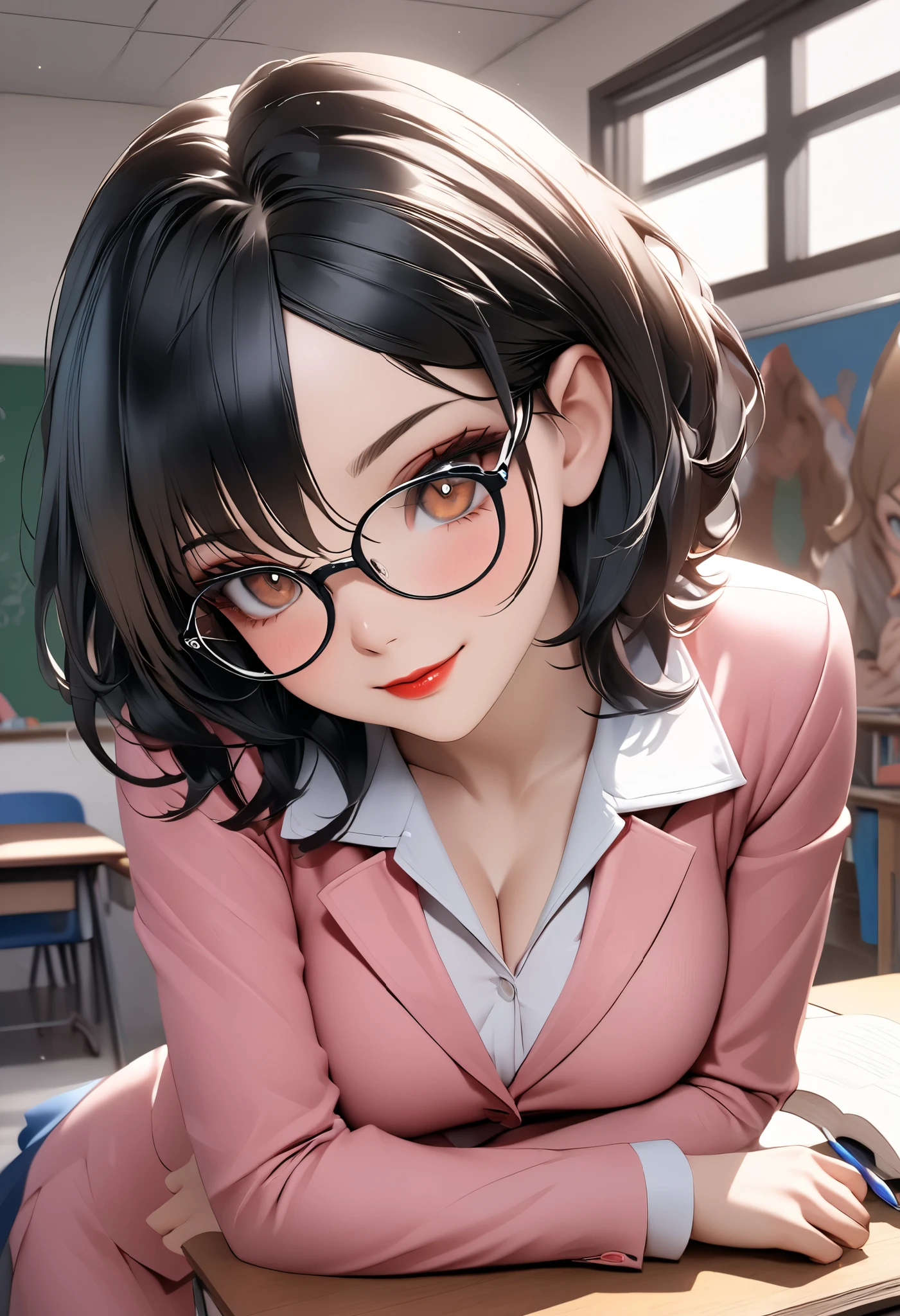 8k,masterpiece, CGSTATION, hyper CGI style, arte extremadamente detallado de artgerm, photorealistic chica anime render, 8k anime drawing style, best quality, 3D rendering, INTRICATE, cute, hyper detailed, medium bust, 27 years old, a woman, sensual smile, red lips, super detailed skin, super beautiful eyes, Princess Snow White, snowwhiite, black hair, short hair, is standing in front of the viewer, brown eyes,front,perfect nose, she is a teacher, setting: classroom, Around her there are accessories that a teacher uses, she wears glasses, She is wearing a short pink blazer, she is wearing a white A-line skirt, black footwear pump, book under the arm, She is an teacher giving classes, She wears a large bright red bow that adorns her short black hair,
