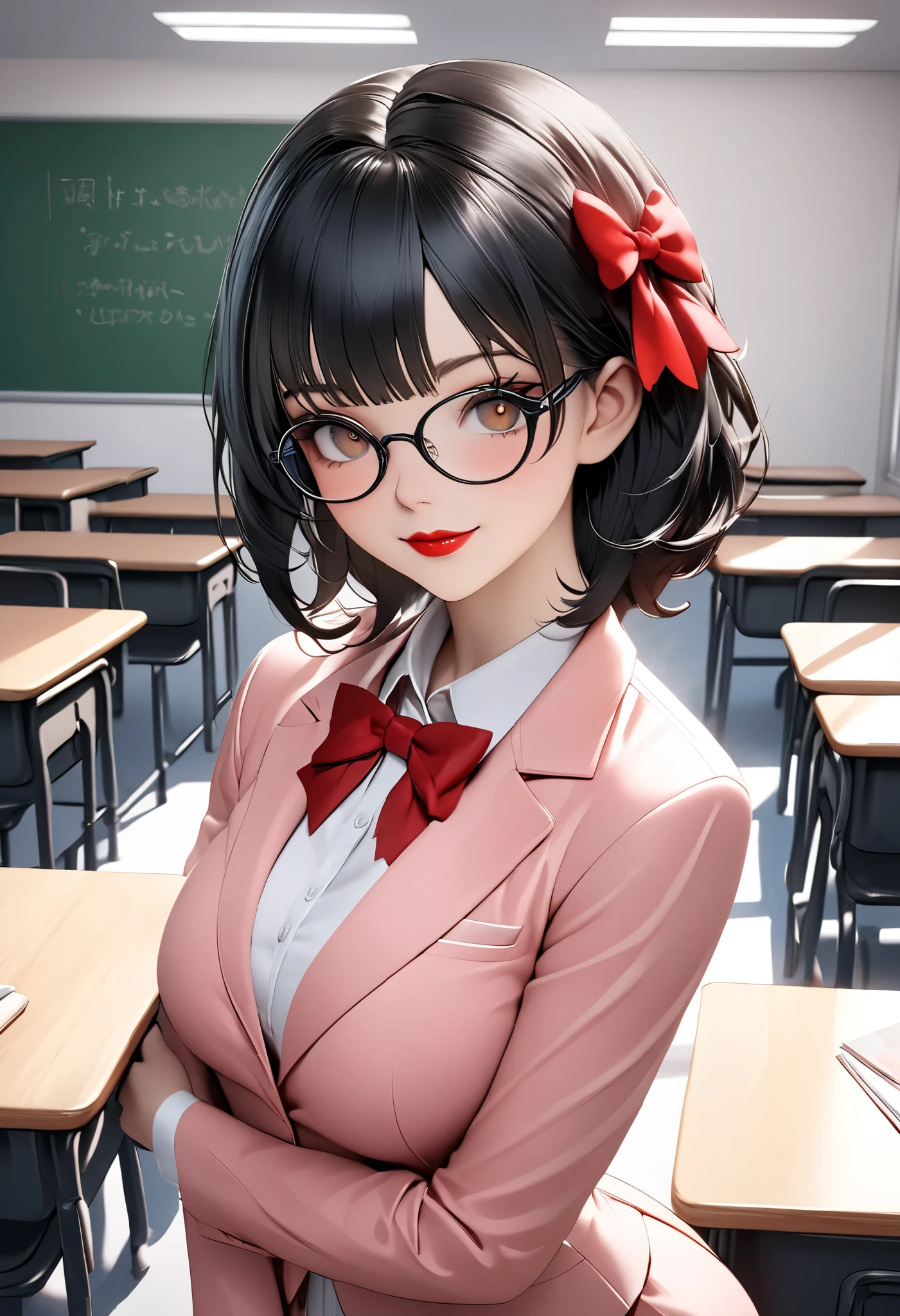 8k,masterpiece, CGSTATION, hyper CGI style, arte extremadamente detallado de artgerm, photorealistic chica anime render, 8k anime drawing style, best quality, 3D rendering, INTRICATE, cute, hyper detailed, medium bust, 27 years old, a woman, sensual smile, red lips, super detailed skin, super beautiful eyes, Princess Snow White, snowwhiite, black hair, short hair, is standing in front of the viewer, brown eyes,front,perfect nose, she is a teacher, setting: classroom, Around her there are accessories that a teacher uses, she wears glasses, She is wearing a short pink blazer, she is wearing a white A-line skirt, black footwear pump, book under the arm, She is an teacher giving classes, She wears a large bright red bow that adorns her short black hair,