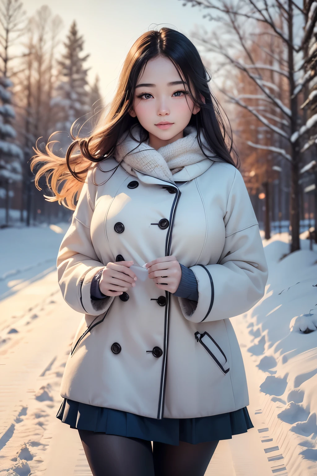 (best quality,4k,8k,highres,masterpiece:1.2),ultra-detailed,(realistic,photorealistic,photo-realistic:1.37),HDR,UHD,aesthetic,beautiful young Japanese woman,walking to school,thick snowfall,British Style Japanese School uniform,snow-covered trees,serene winter scenery,soft lighting,elegant posture,snowflakes fluttering,subtle blush,graceful movement,warm breath in the cold air,vivid colors,detailed face,expressive eyes,long eyelashes,fine hair strands,clear blue sky,peaceful atmosphere,snowflake patterns on the uniform,fresh footprints in the snow,soft and fluffy snow,quiet surroundings,gentle breeze,subdued color palette,delicate features,snow-covered ground,crisp winter morning,closed eyes enjoying the serenity.