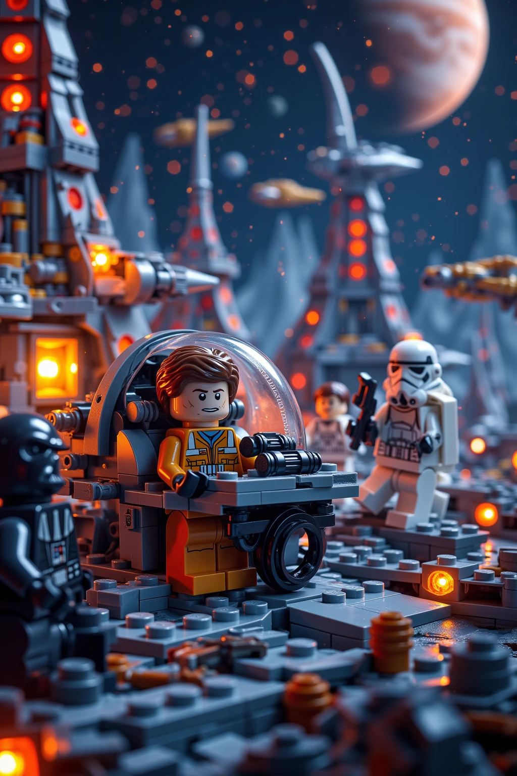 A Lego space colony in an epic space war scene. Show a pilot in a futuristic cockpit, alongside iconic characters like Darth Vader and Stormtroopers. The background features colorful Lego structures and spaceships, with stars and planets in the vast universe. The atmosphere is intense and dynamic, capturing the essence of intergalactic conflict.