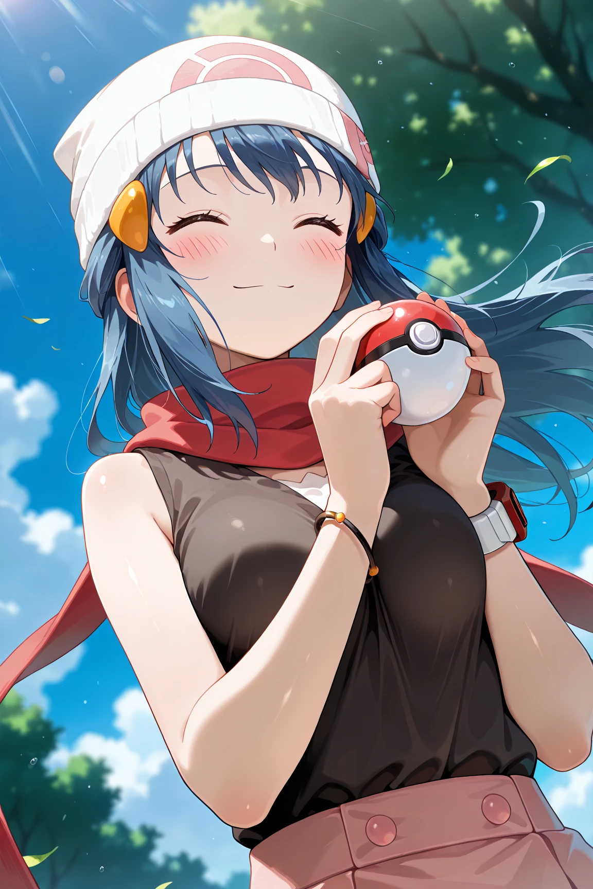 score_9, score_8_up, score_7_up, score_6_up, score_5_up, score_4_up, source_anime, aadawn, long hair, blue hair, beanie, white headwear, hair ornament, blue eyes, breasts, red scarf, sleeveless shirt, black shirt, wristwatch, bracelet, pink skirt, standing, outdoors, filed, flower, tree, holding poke ball, smile,

(realistic skin0.8),
Shiny, skin,

(blush:1.4), smile,
cinematic, dramatic, (blurry background:1.4), depth of field, 
1girl, solo, joyful, smile, dynamic pose, dynamic angle, from below, 
outdoors, nature,
(upper body:1.3),
(focus on face:1.2),
(closed-up shot:1.3),
sunny,
blue sky,
cloud,
sunlight,
wind,
looking away,