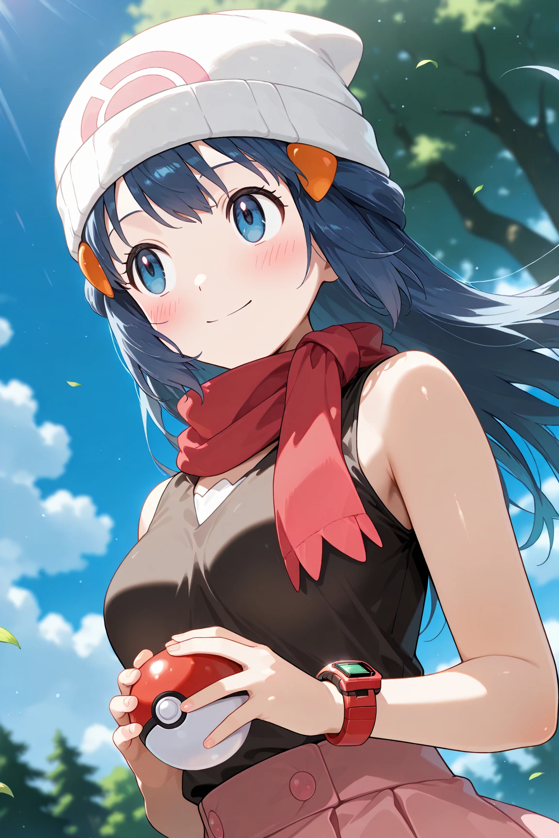 score_9, score_8_up, score_7_up, score_6_up, score_5_up, score_4_up, source_anime, aadawn, long hair, blue hair, beanie, white headwear, hair ornament, blue eyes, breasts, red scarf, sleeveless shirt, black shirt, wristwatch, bracelet, pink skirt, standing, outdoors, filed, flower, tree, holding poke ball, smile,

(realistic skin0.8),
Shiny, skin,

(blush:1.4), smile,
cinematic, dramatic, (blurry background:1.4), depth of field, 
1girl, solo, joyful, smile, dynamic pose, dynamic angle, from below, 
outdoors, nature,
(upper body:1.3),
(focus on face:1.2),
(closed-up shot:1.3),
sunny,
blue sky,
cloud,
sunlight,
wind,
looking away,