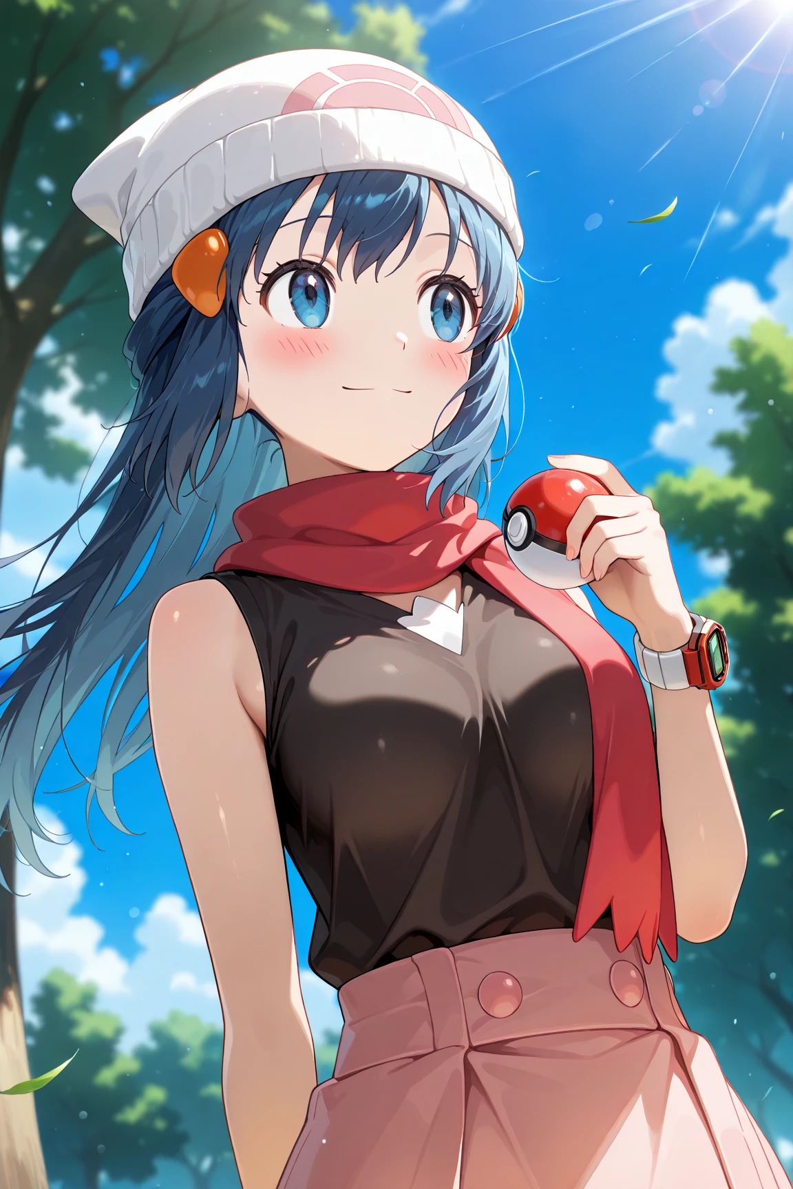 score_9, score_8_up, score_7_up, score_6_up, score_5_up, score_4_up, source_anime, aadawn, long hair, blue hair, beanie, white headwear, hair ornament, blue eyes, breasts, red scarf, sleeveless shirt, black shirt, wristwatch, bracelet, pink skirt, standing, outdoors, filed, flower, tree, holding poke ball, smile,

(realistic skin0.8),
Shiny, skin,

(blush:1.4), smile,
cinematic, dramatic, (blurry background:1.4), depth of field, 
1girl, solo, joyful, smile, dynamic pose, dynamic angle, from below, 
outdoors, nature,
(upper body:1.3),
(focus on face:1.2),
(closed-up shot:1.3),
sunny,
blue sky,
cloud,
sunlight,
wind,
looking away,