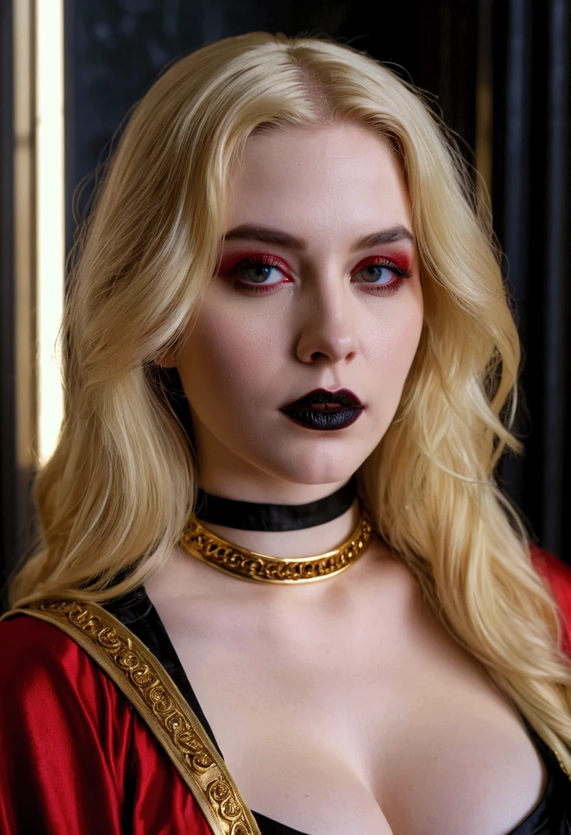  Chloe Cherry. FULL BLONDE HAIR  LONG  HAIR. completely pale gothic skin. black gothic lipstick. SHE IS WEARING A RED TRANSLUCENT ROMAN TOGA, WITH GOLDEN BANDS. JEWELLS GOLDEN ARMS AND NECK. big huge breasts. evil look. villain woman style. by Nan Goldin real, full quality, 4k, full quality, 4k.