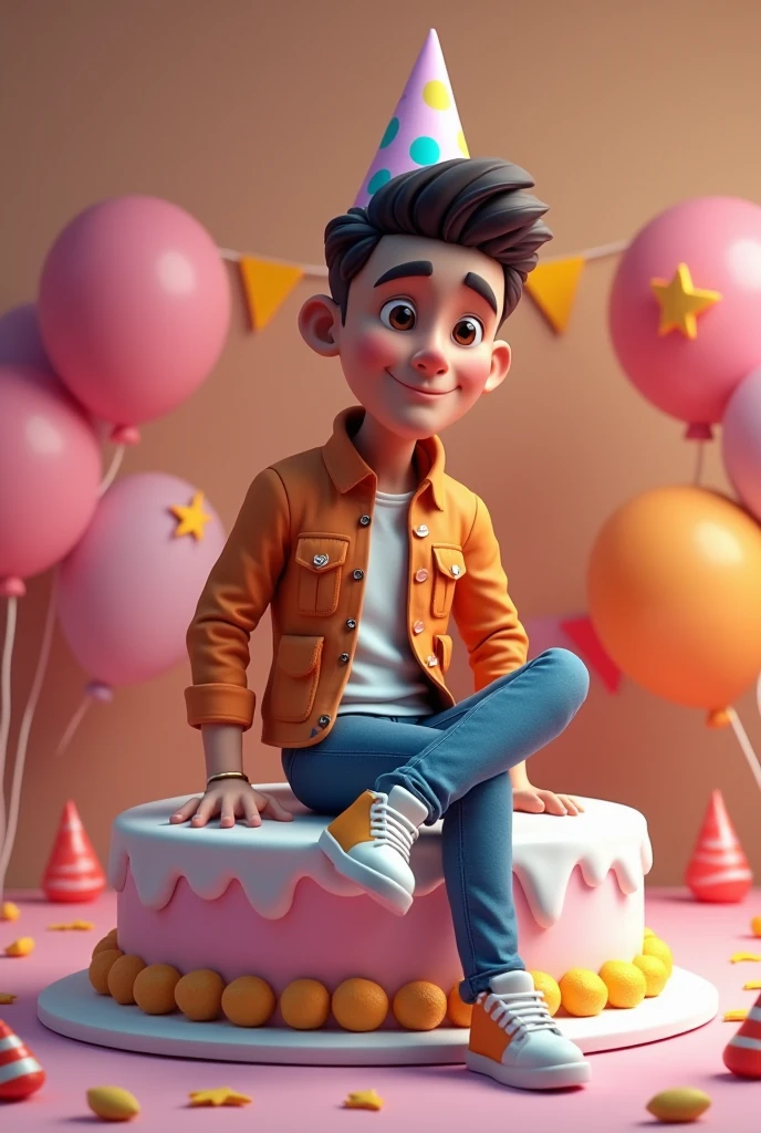 Birthday 🎂 3D AI Image कैसे बनाए...?? 
Image Promp - Like &  Love💕

3D illustration of a man
sitting casually on front of a cake. The character must wear casual moder clothing such as jeans jackets and sneakers shoes. The background of the image is a party theme. Write 'Adrian wish by Hridoy 
on the birthday cake. Make sure the text is not misspelled. His age is 1
