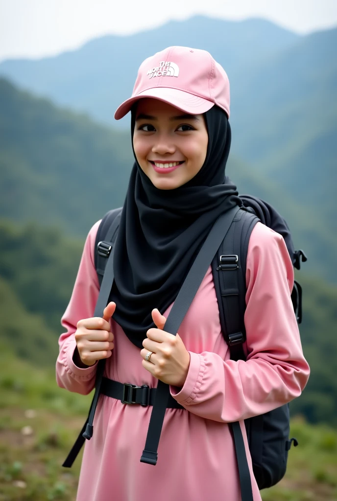 ((best quality)), ((best quality)), dramatic light, photorealistic, photorealism, Photorealistic, high resolution, aaradhya Beautiful petite hijab Girl in hiking fashion, a model star, wear black hijab scarf and soft pink Mountain cap, wear soft pink 'northface' Tight mountain outfit, carry big size carrier mountain bag, modeling pose, clean clothing, mountain photography pose, indonesia green peak mountain background. undefined,