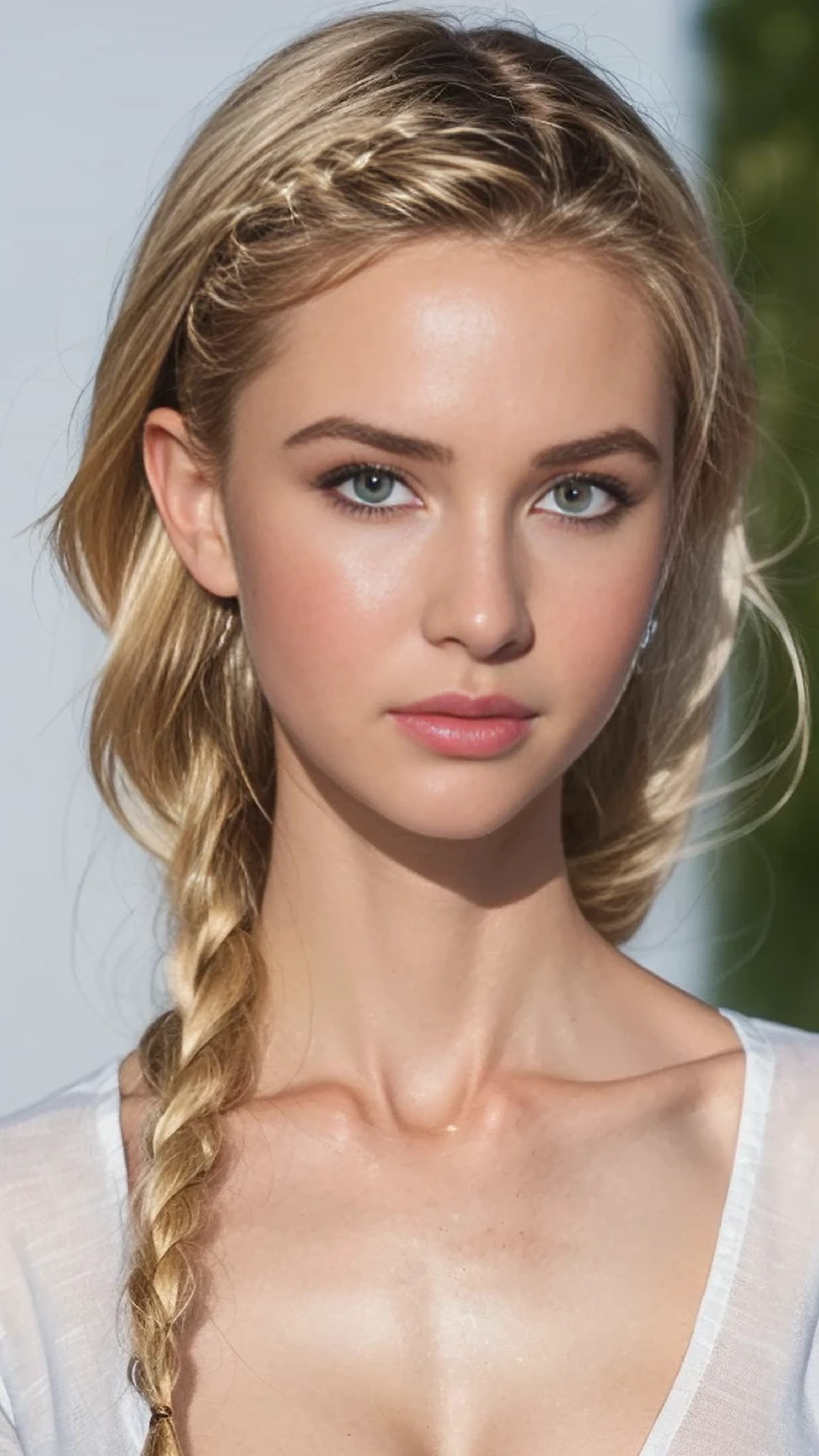 Highest quality, outstanding details, super high resolution, (fidelity: 1.4), the best illustration, favor details, highly condensed 1girl, with a delicate and beautiful face, delicate collarbone, shyness. long blonde hair with a single braid, half body portrait, looking at viewer, sexy body, slim waist, wearing a white shirt,