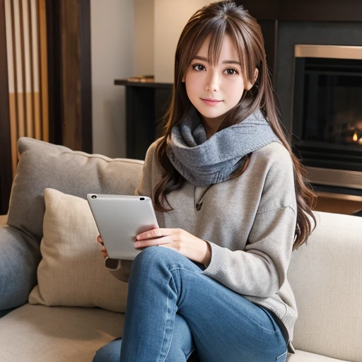 Bell, Anime, brown hair, medium , brown eyes, ogipote, jeans, scarves , grey sweatshirt, blue pants , is sitting, Crossed legs, Inside the smart home, is sitting on the couch, Asada Shino's face, Anime Sword Art Online, top quality