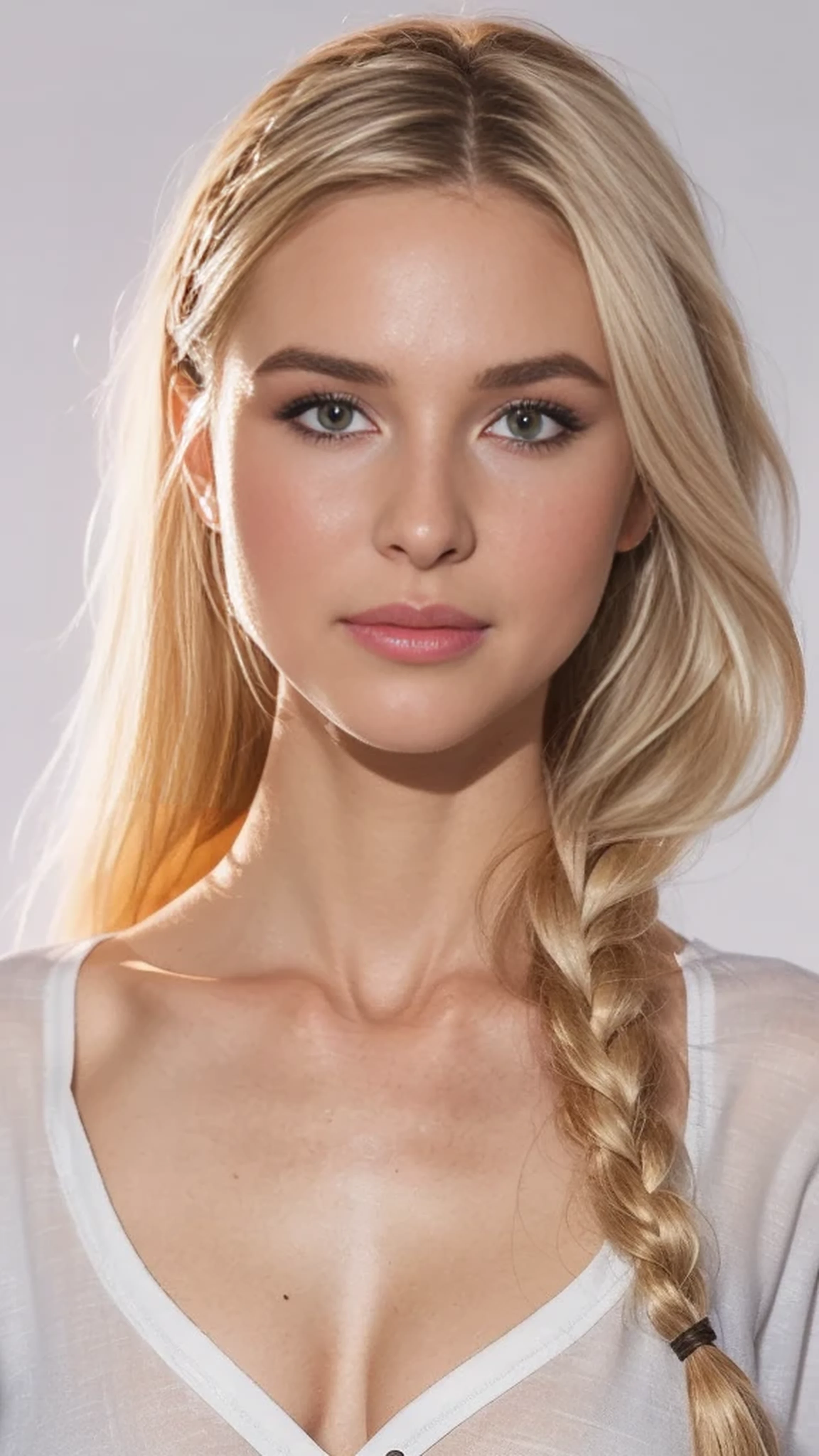 Highest quality, outstanding details, super high resolution, (fidelity: 1.4), the best illustration, favor details, highly condensed 1girl, with a delicate and beautiful face, delicate collarbone, shyness. long blonde hair with a single braid, half body portrait, looking at viewer, sexy body, slim waist, wearing a white shirt,