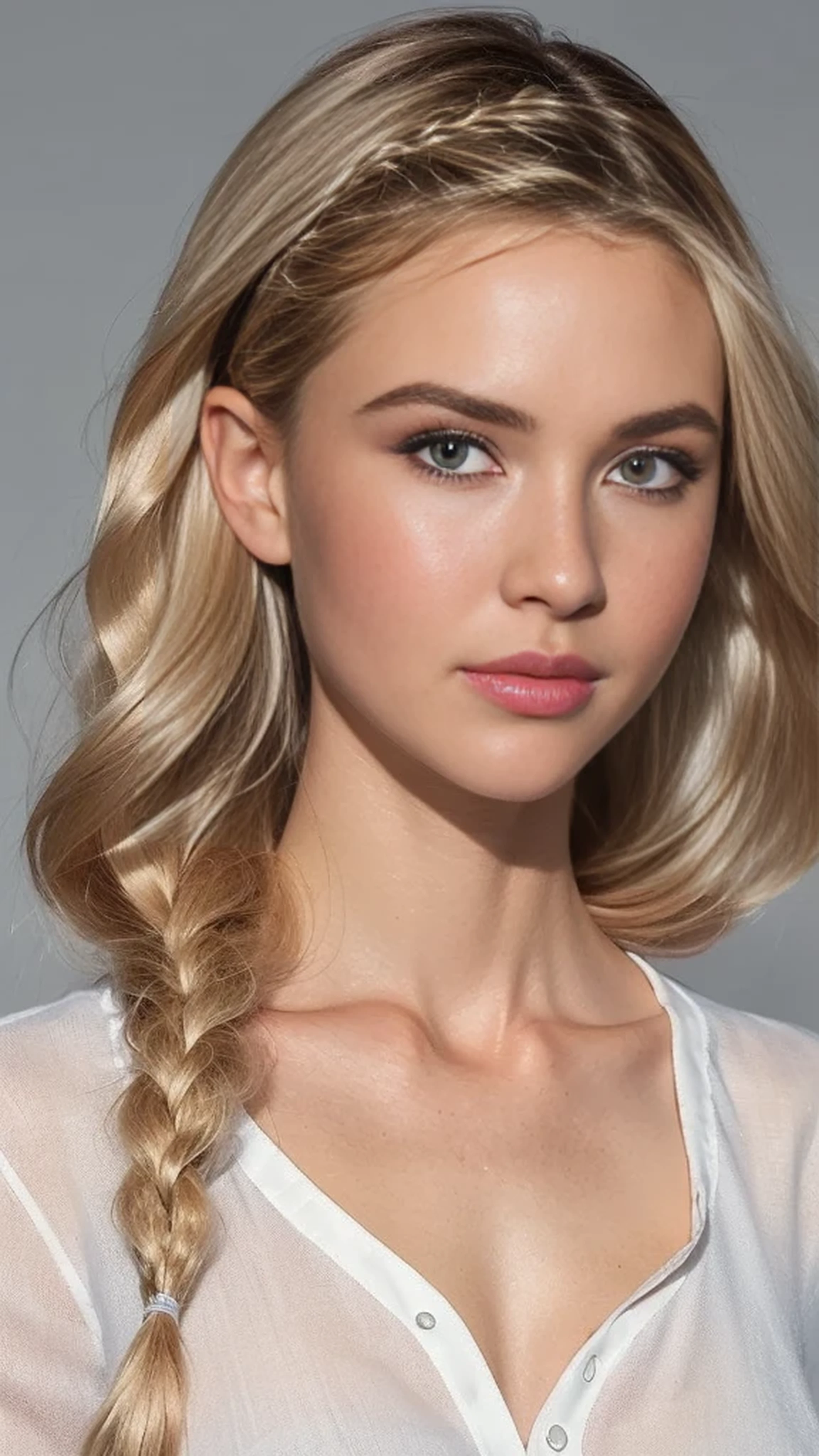 Highest quality, outstanding details, super high resolution, (fidelity: 1.4), the best illustration, favor details, highly condensed 1girl, with a delicate and beautiful face, delicate collarbone, shyness. long blonde hair with a single braid, half body portrait, looking at viewer, sexy body, slim waist, wearing a white shirt,