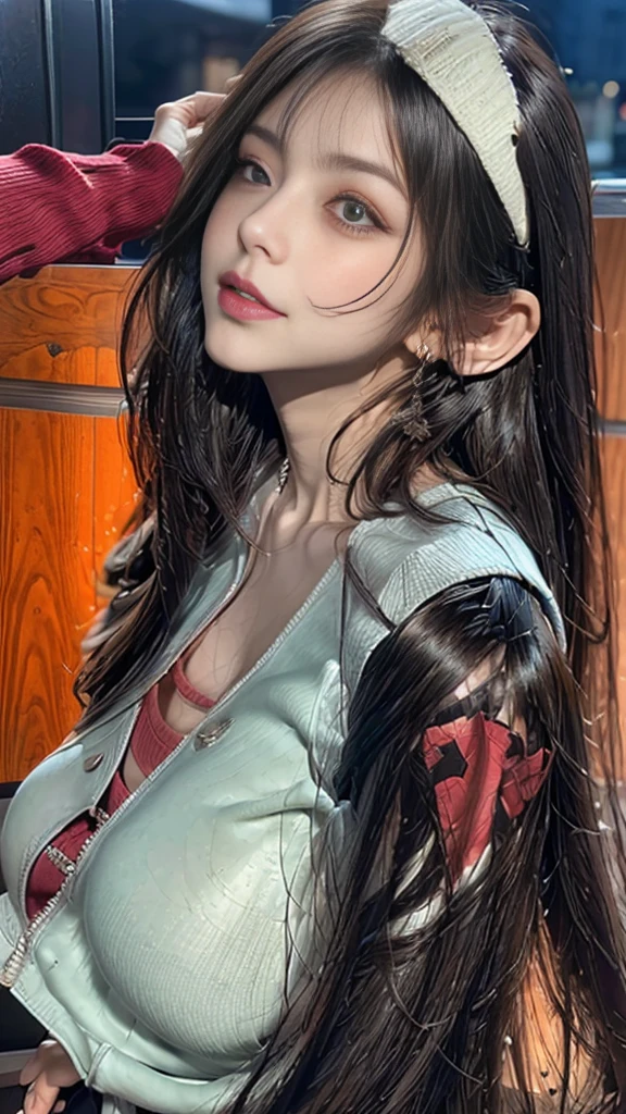 (hyper realstic)、Modern Oiran、(Female Ninja of the 21st Century)、Beautie high-level image quality hight resolution (Realistic) Shorthair、Woman with dark hair、A MILF、Middle-aged woman、Big big、Detailed red-black 、detailed skin textures、超A high resolution、Realistic、Voluptuous body shape、angry looking face、Middle-aged beauty、Beautiful expression、With detailed red-black areola 、detailed brown eyes、long fluffy hair、Kamimei、Very delicate and detailed skin texture、35 years old、{There is a helipad at night((Being on the roof of a skyscraper))}、Modern Oiran、Large cleavage、Large open neckline、bright red lips、Wearing gorgeous clothes, Luxurious and luxurious kimono、ear ornament、Silver collar and necklace、gorgeous hair decoration、
