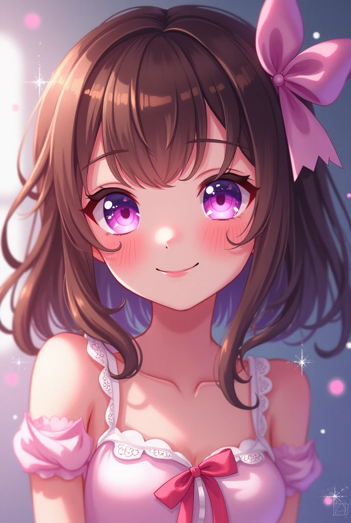 Smile, 1girl, Sparkle, Anime Style, Hair Ribbon, Multiple Views, Purple Eyes, Pink Eyes, Makeup, Brown Hair, Detail,