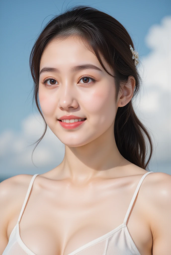 beautiful girl with beautiful smile on her face made of clouds and sky, character art, art by artgerm lau and kyoung hwan kim and and ilya kuvshinov and john singer sargent, hyperdetailed, 8 k realistic, symmetrical, frostbite 3 engine, cryengine, dof, trending on artstation, digital art,APEX SUPER REAL FACE XL ,xxmix_girl